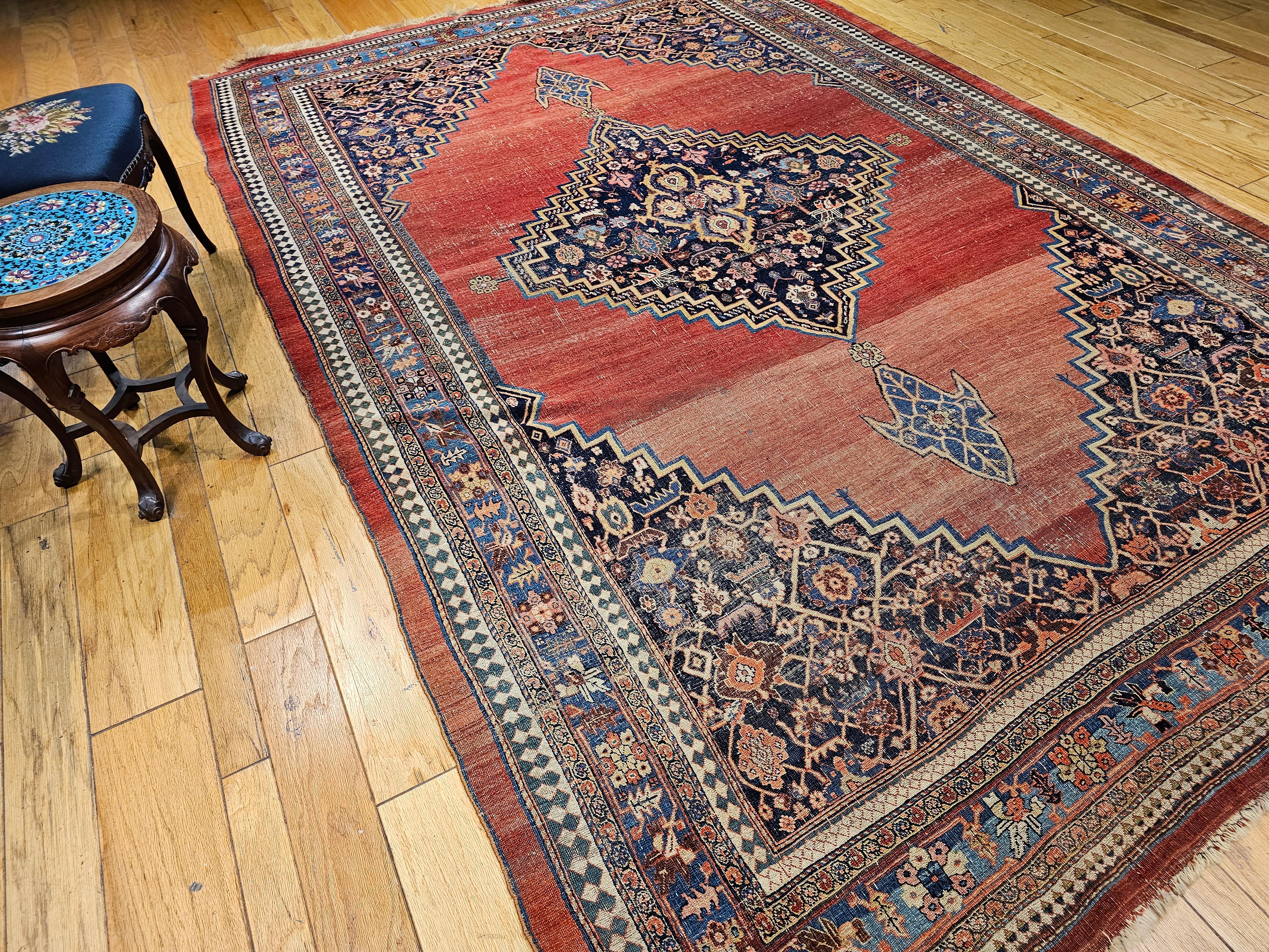 19th Century Vintage Persian Bidjar Room Size Rug in Red, French Blue, Yellow For Sale 10