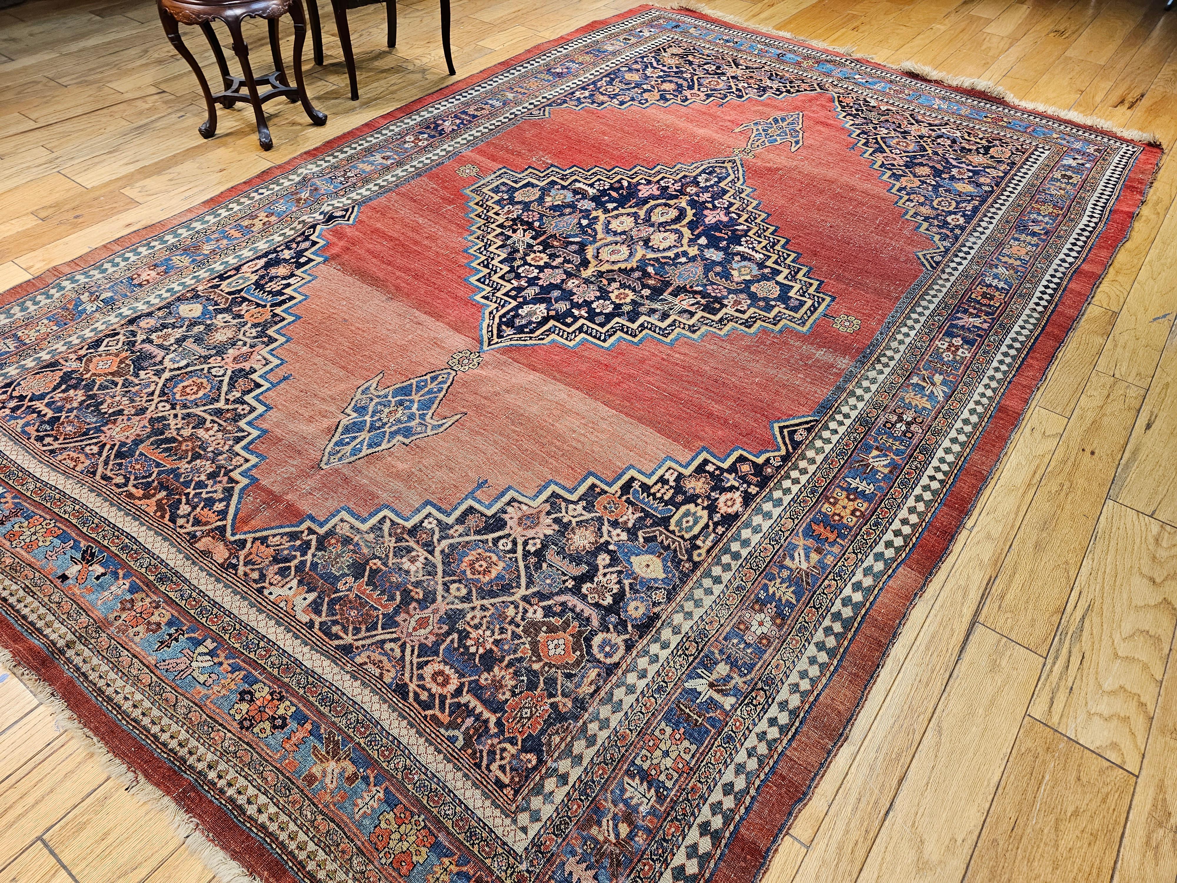 19th Century Vintage Persian Bidjar Room Size Rug in Red, French Blue, Yellow For Sale 11
