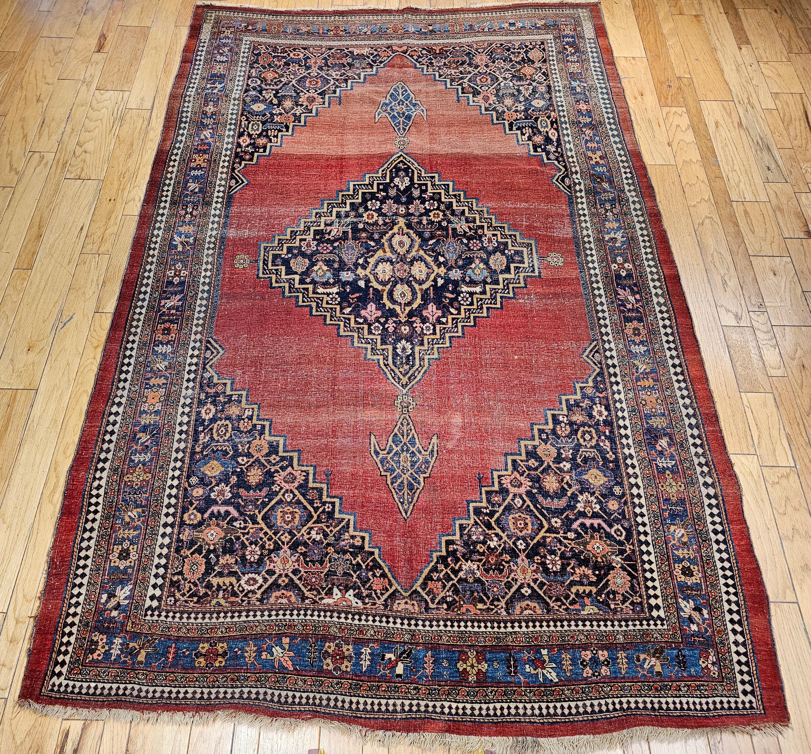 19th Century Vintage Persian Bidjar Room Size Rug in Red, French Blue, Yellow For Sale 12