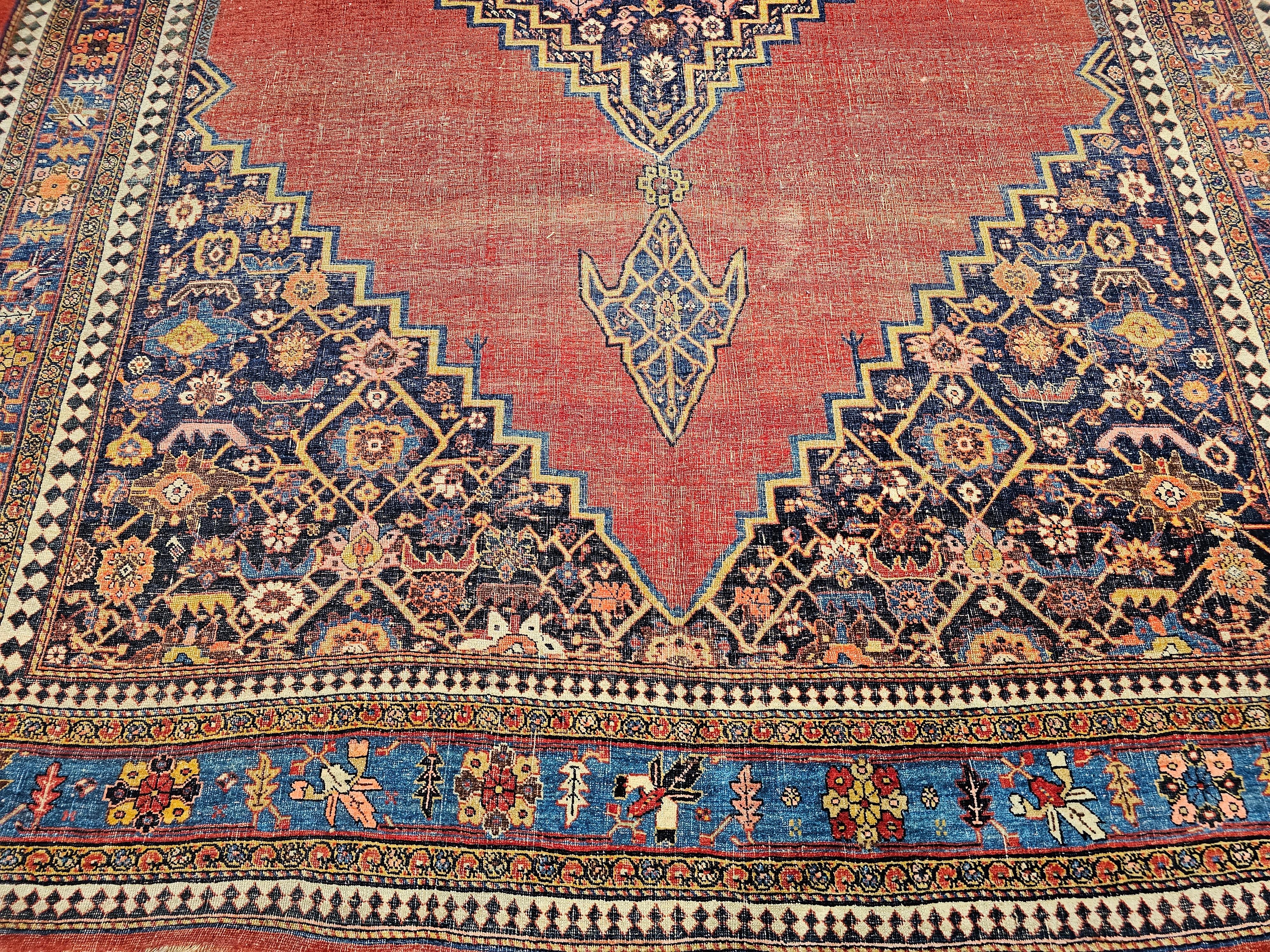 Vegetable Dyed 19th Century Vintage Persian Bidjar Room Size Rug in Red, French Blue, Yellow For Sale