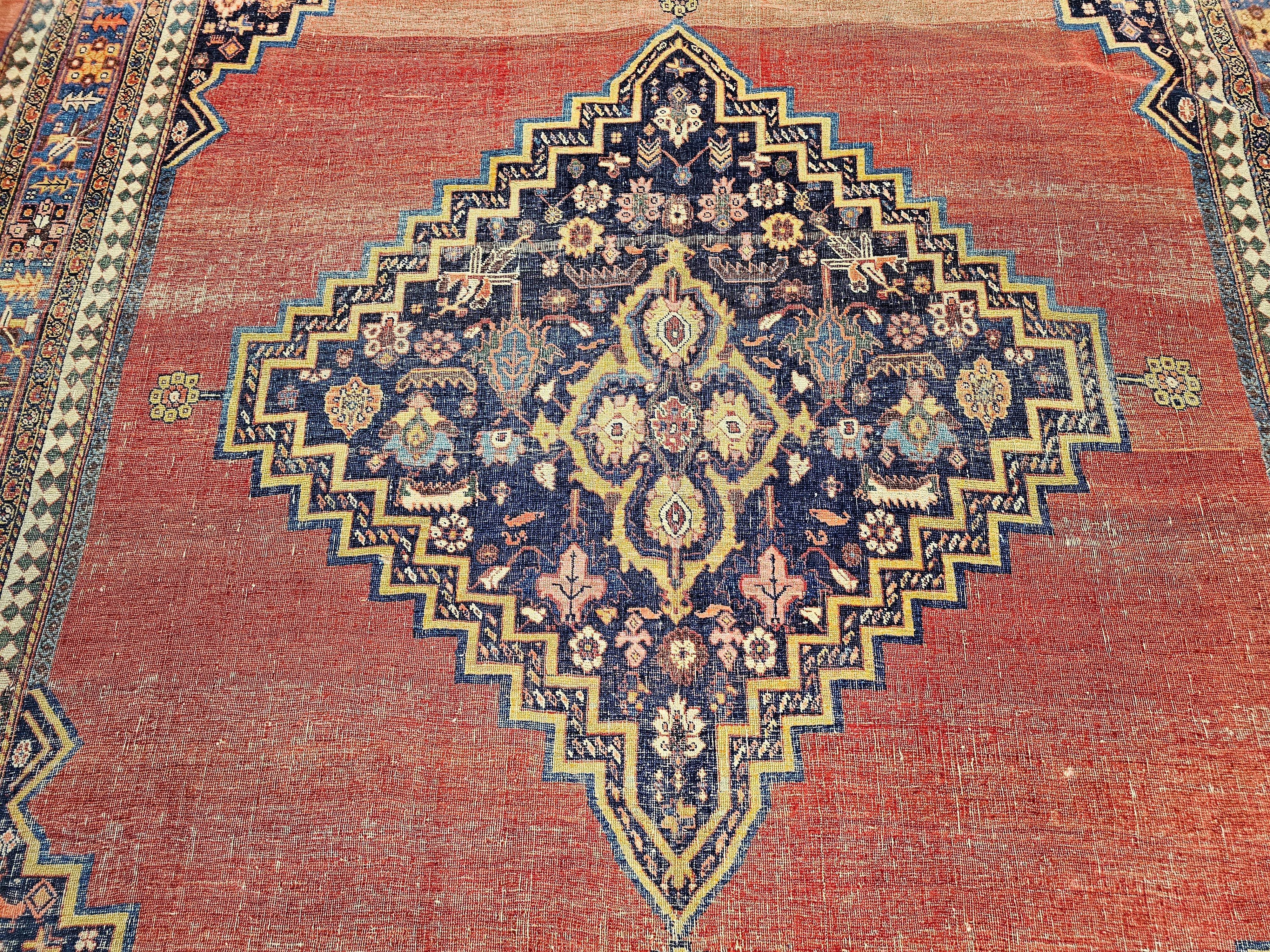 19th Century Vintage Persian Bidjar Room Size Rug in Red, French Blue, Yellow In Good Condition For Sale In Barrington, IL