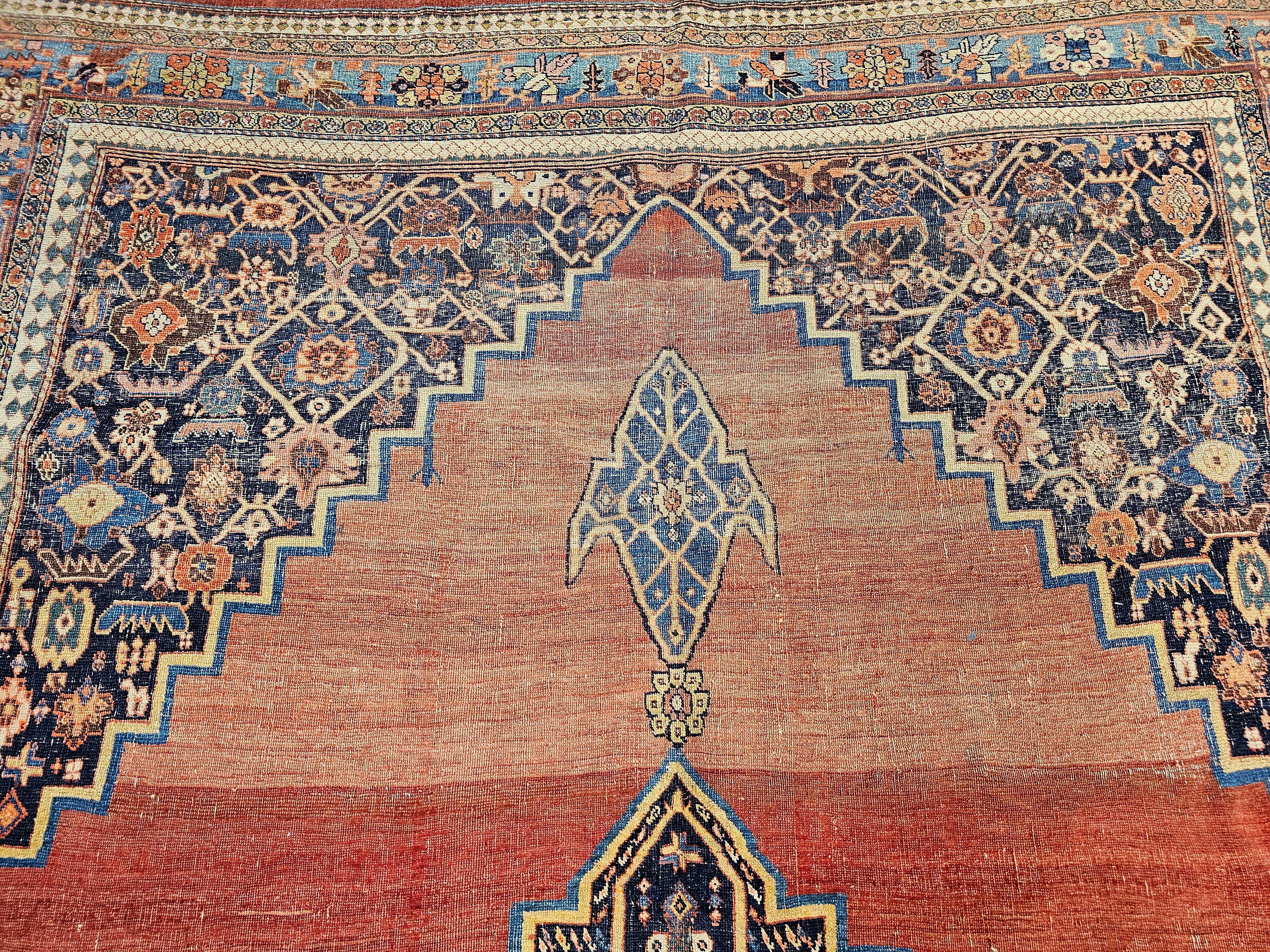 Wool 19th Century Vintage Persian Bidjar Room Size Rug in Red, French Blue, Yellow For Sale