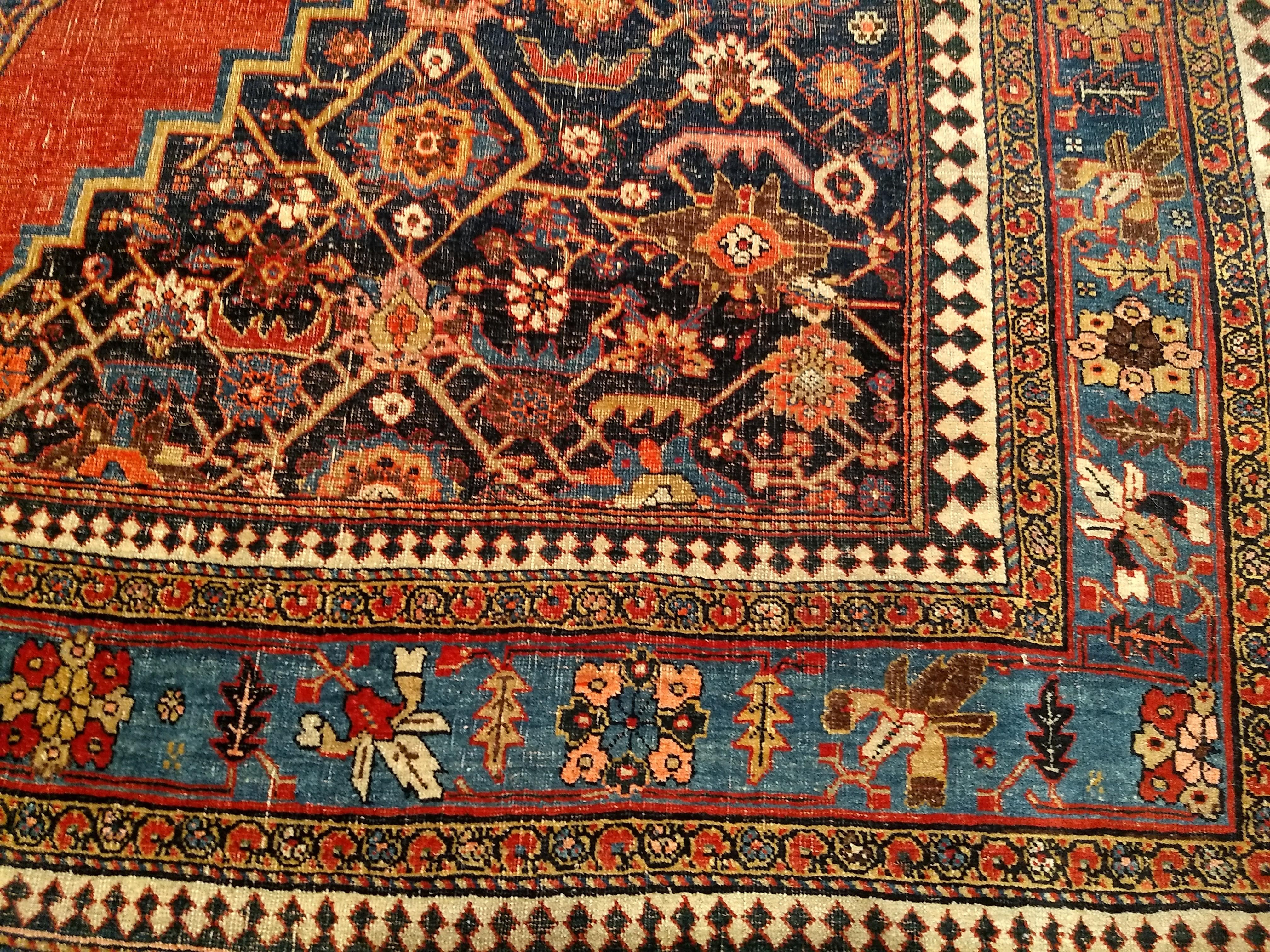 19th Century Vintage Persian Bidjar Room Size Rug in Red, French Blue, Yellow For Sale 1