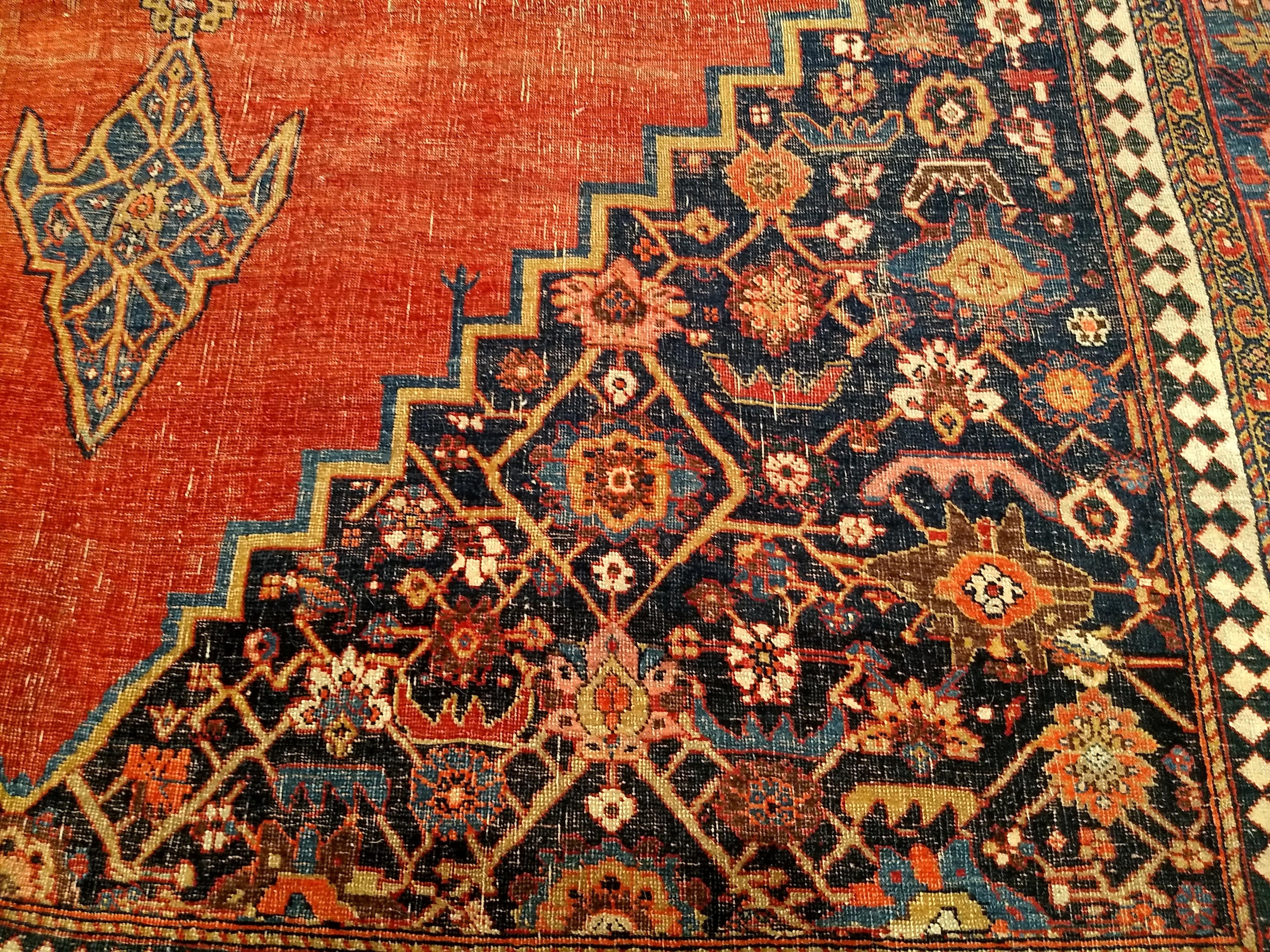 19th Century Vintage Persian Bidjar Room Size Rug in Red, French Blue, Yellow For Sale 2
