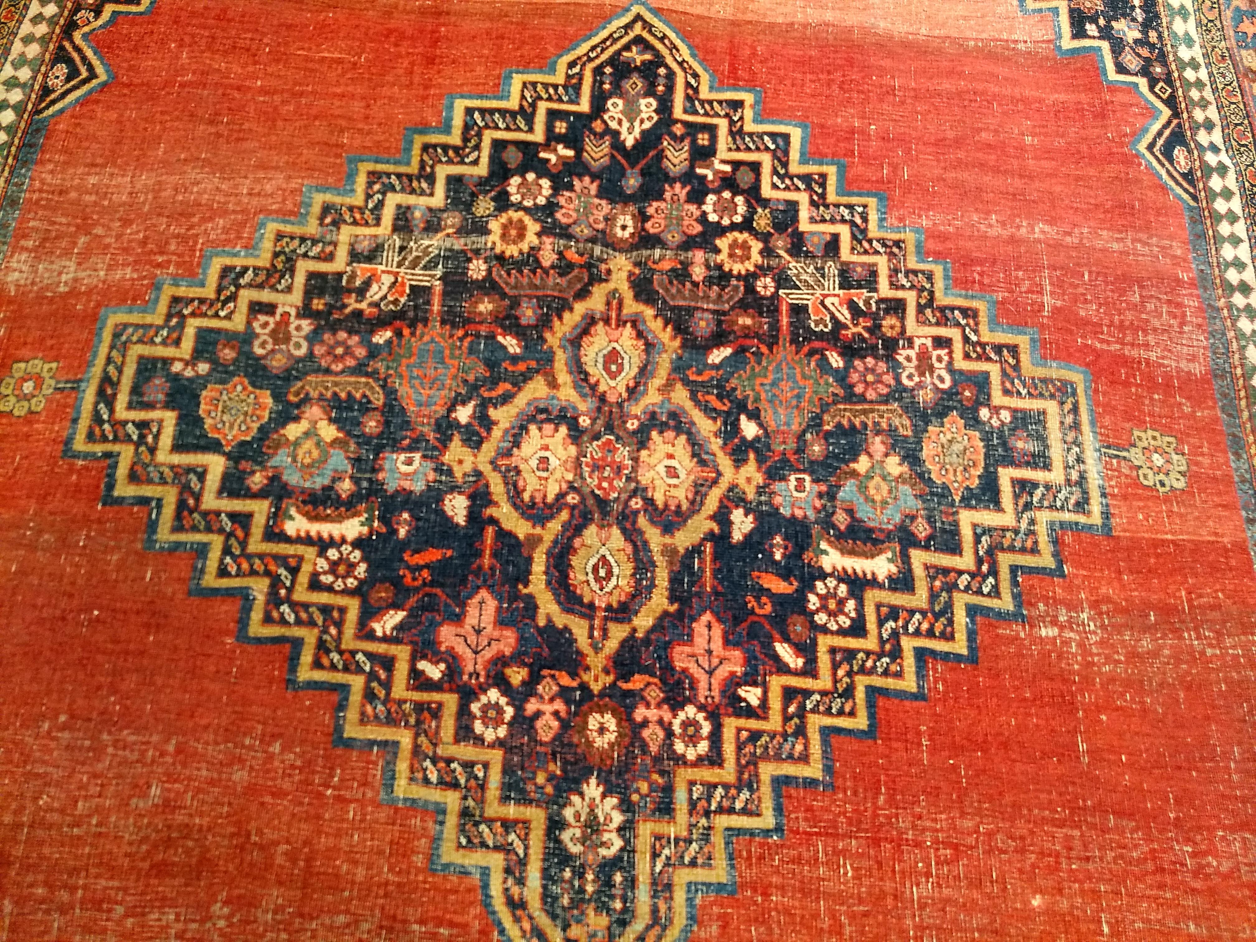 19th Century Vintage Persian Bidjar Room Size Rug in Red, French Blue, Yellow For Sale 4