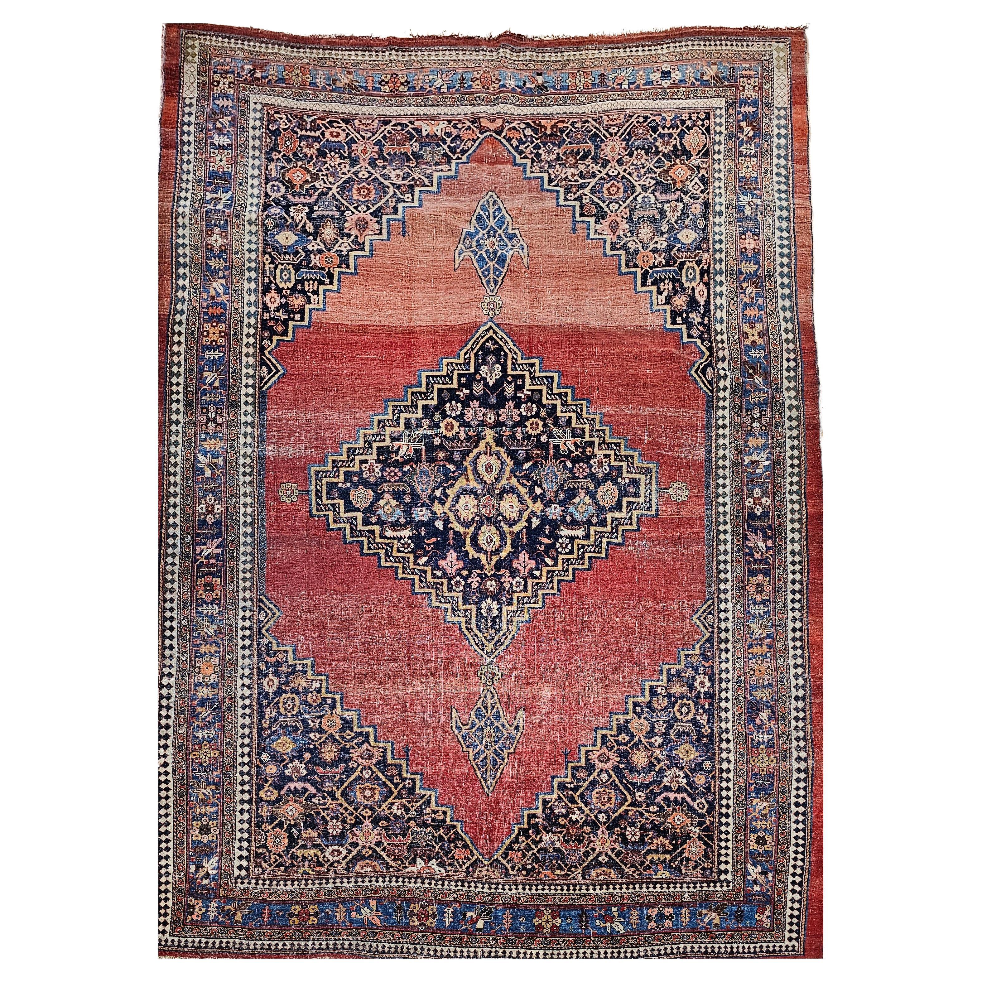 19th Century Vintage Persian Bidjar Room Size Rug in Red, French Blue, Yellow