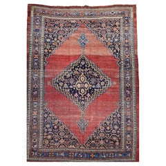 19th Century Antique Persian Bidjar Room Size Rug in Red, French Blue, Yellow