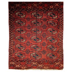 19th Century Vintage Turkmen Tekke Hand-Knotted Rug with Geometric Medallions