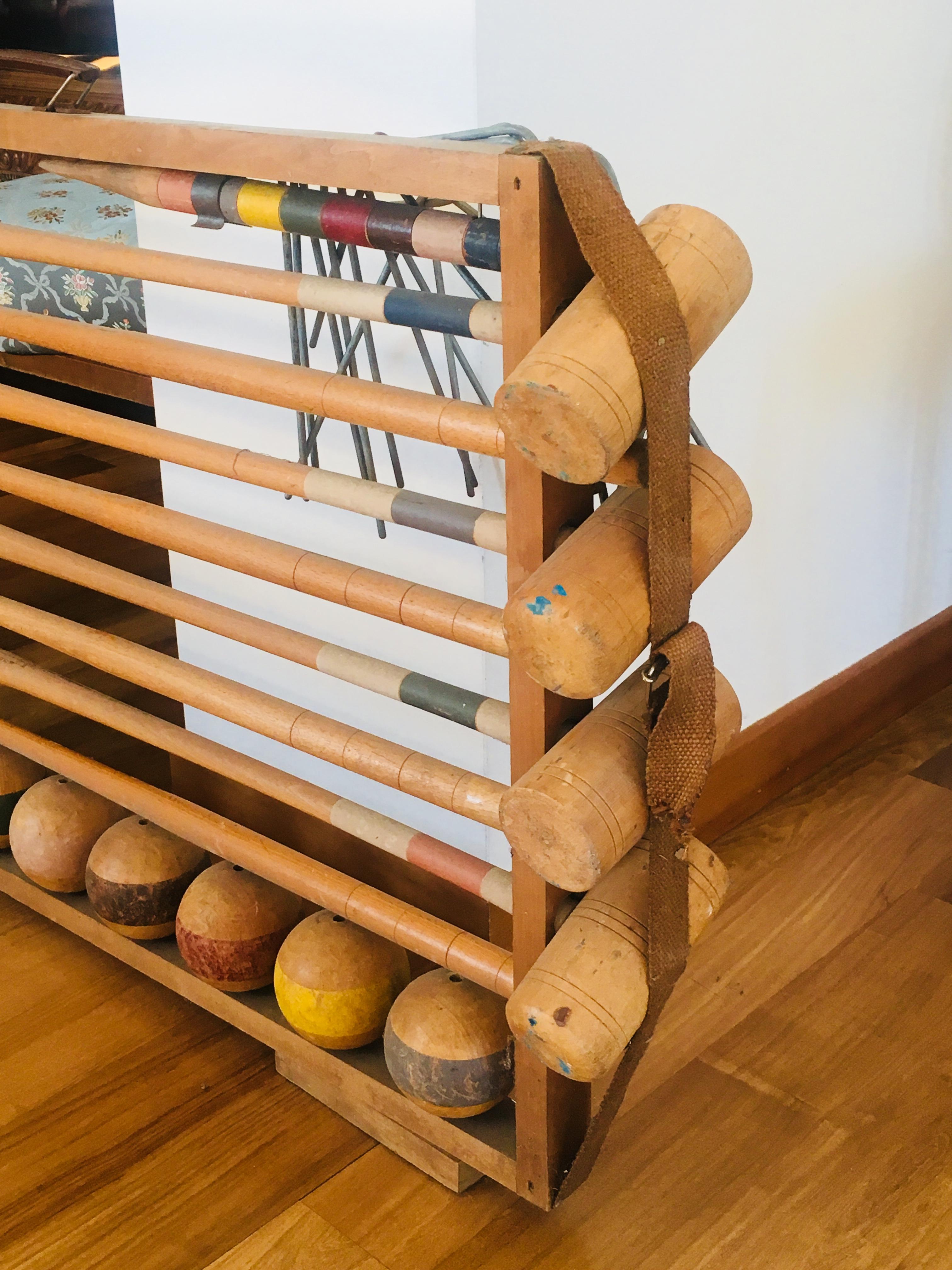 French 19th Century Vintage Wooden Croquet Full Set for 8 with Stand