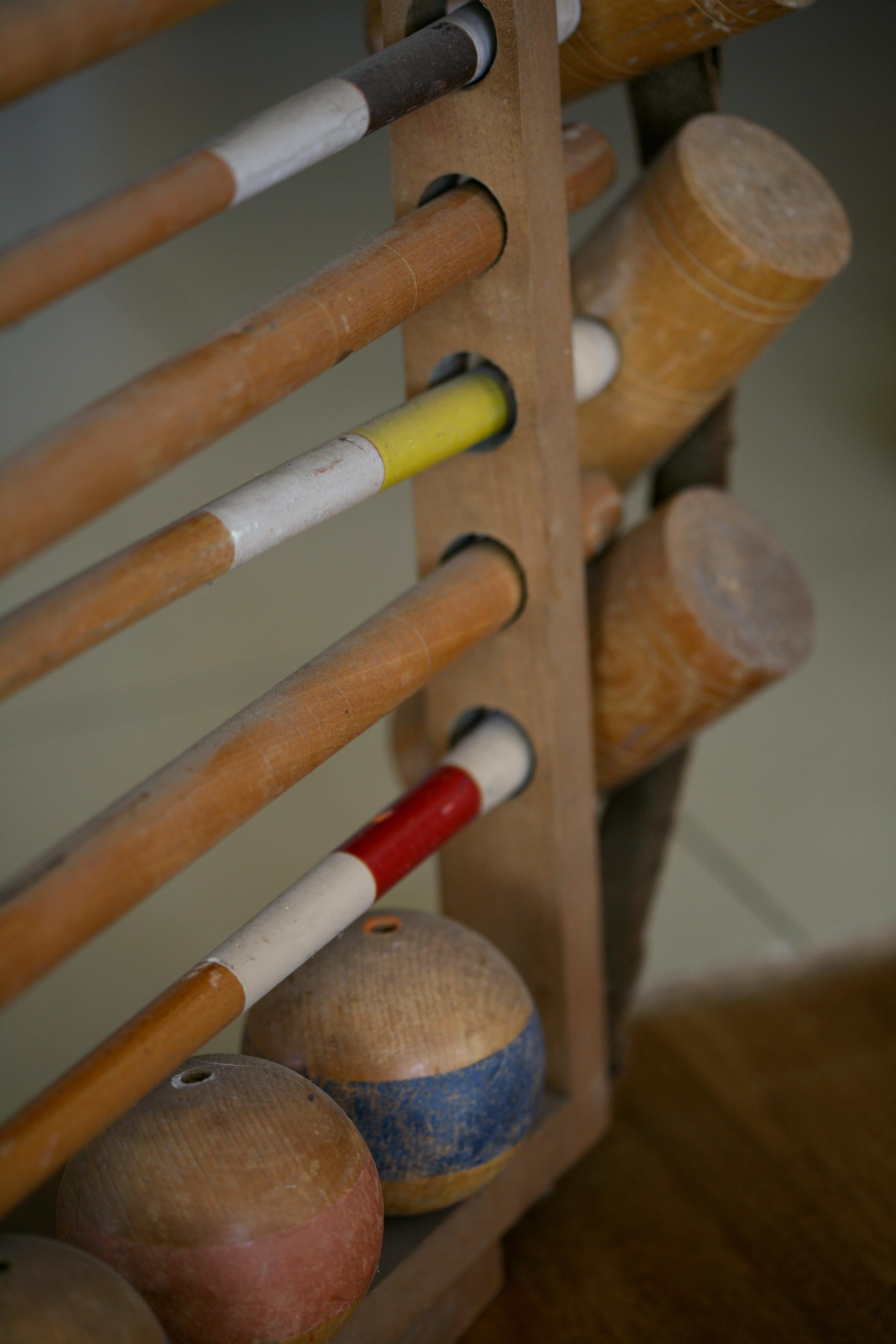 Oak 19th Century Vintage Wooden Croquet Full Set for 8 with Stand