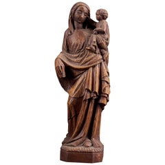19ème siècle:: Statue de la Vierge à l'Enfant Sculpture en bois avec une belle patine
