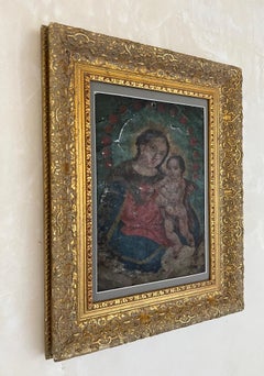 19th Century Virgin Mary and Christ Child Retablo, Oil on Tin