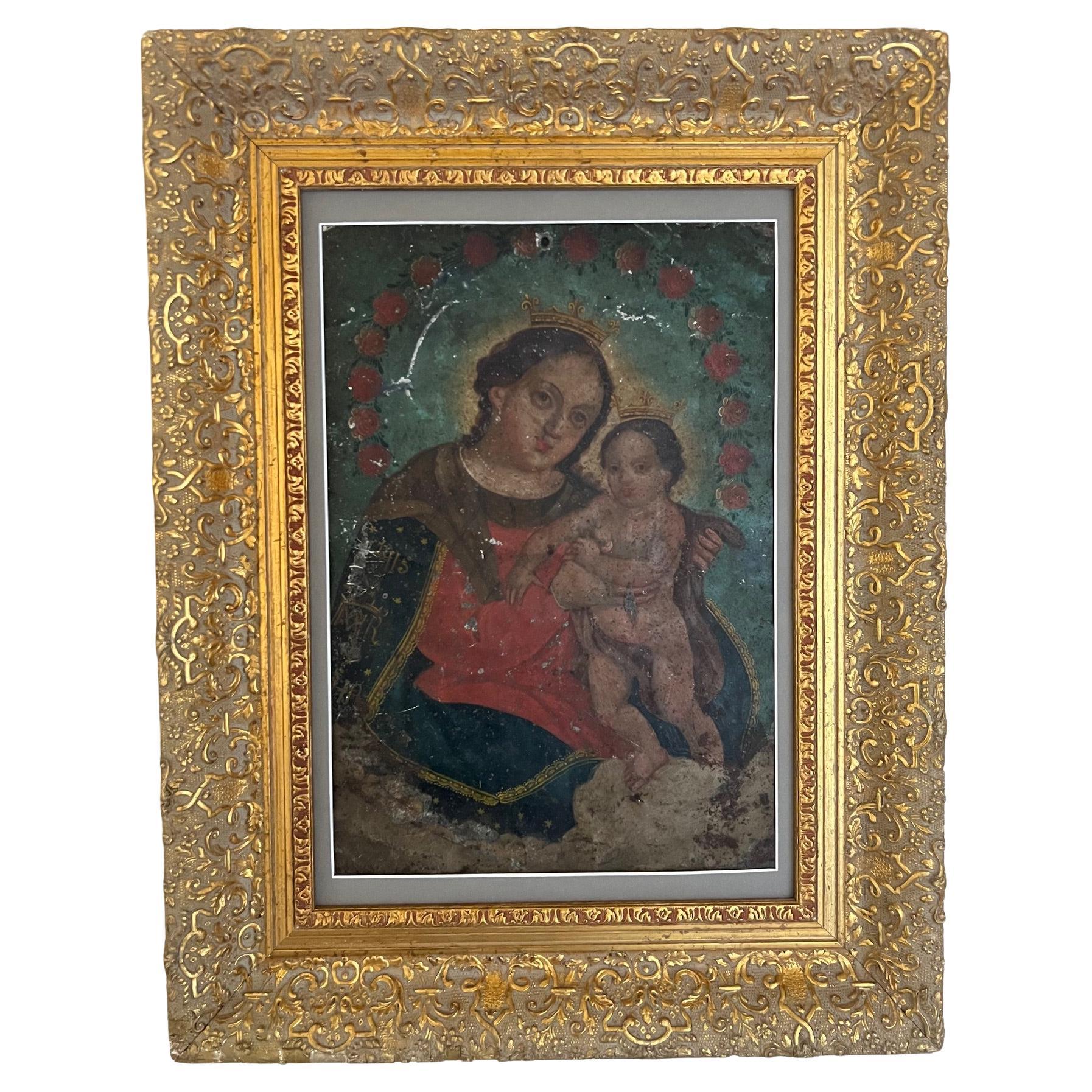 19th Century Virgin Mary and Christ Child Retablo, Oil on Tin