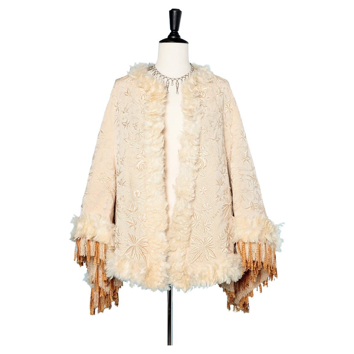 19th Century "Visite" jacket with ivory silk threads embroideries and feathers  For Sale