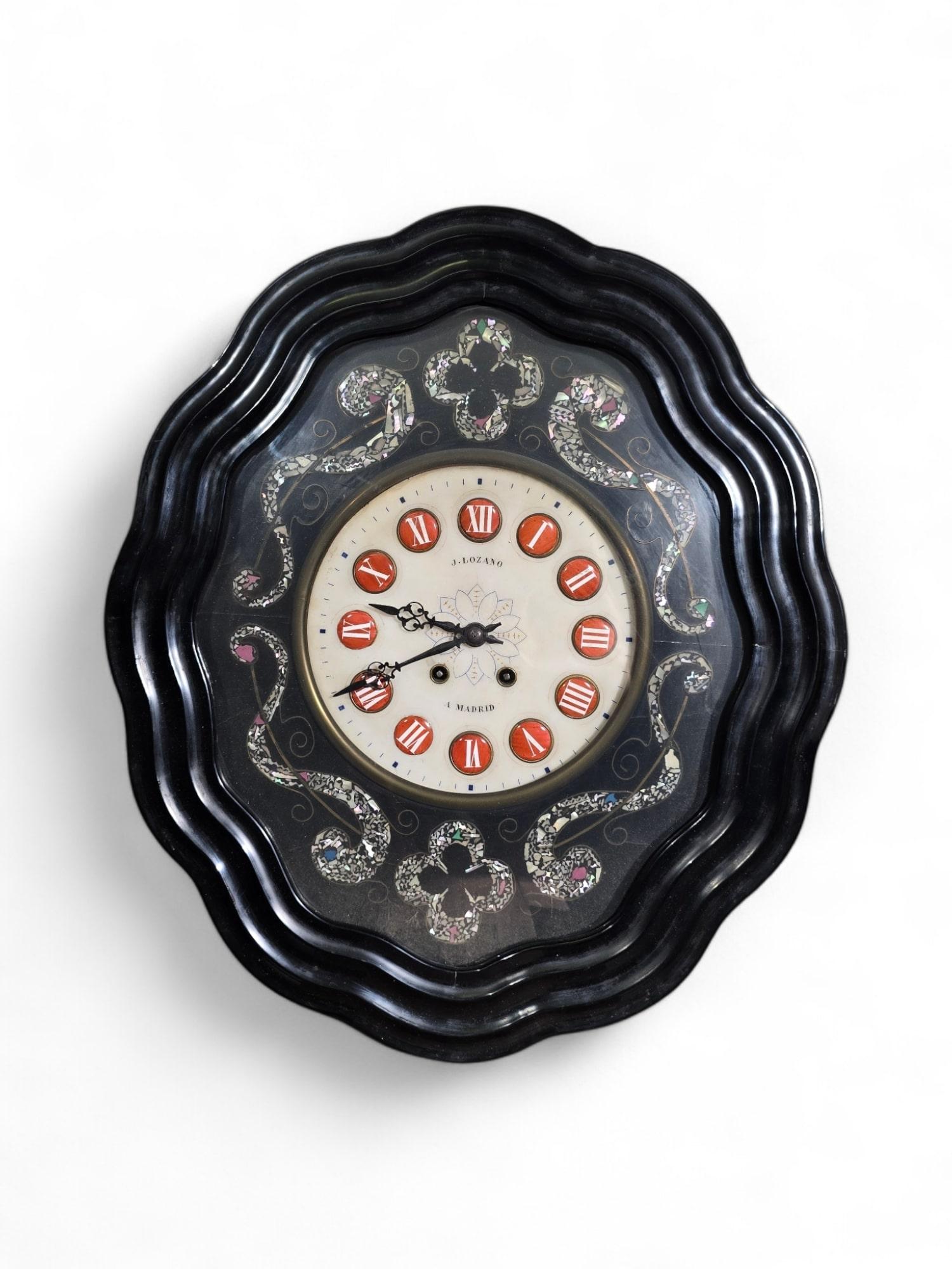 Wanduhr aus dem 19. Jahrhundert von J. Lozano, Madrid - Ebonisiertes Holz mit Perlmutt im Angebot 9
