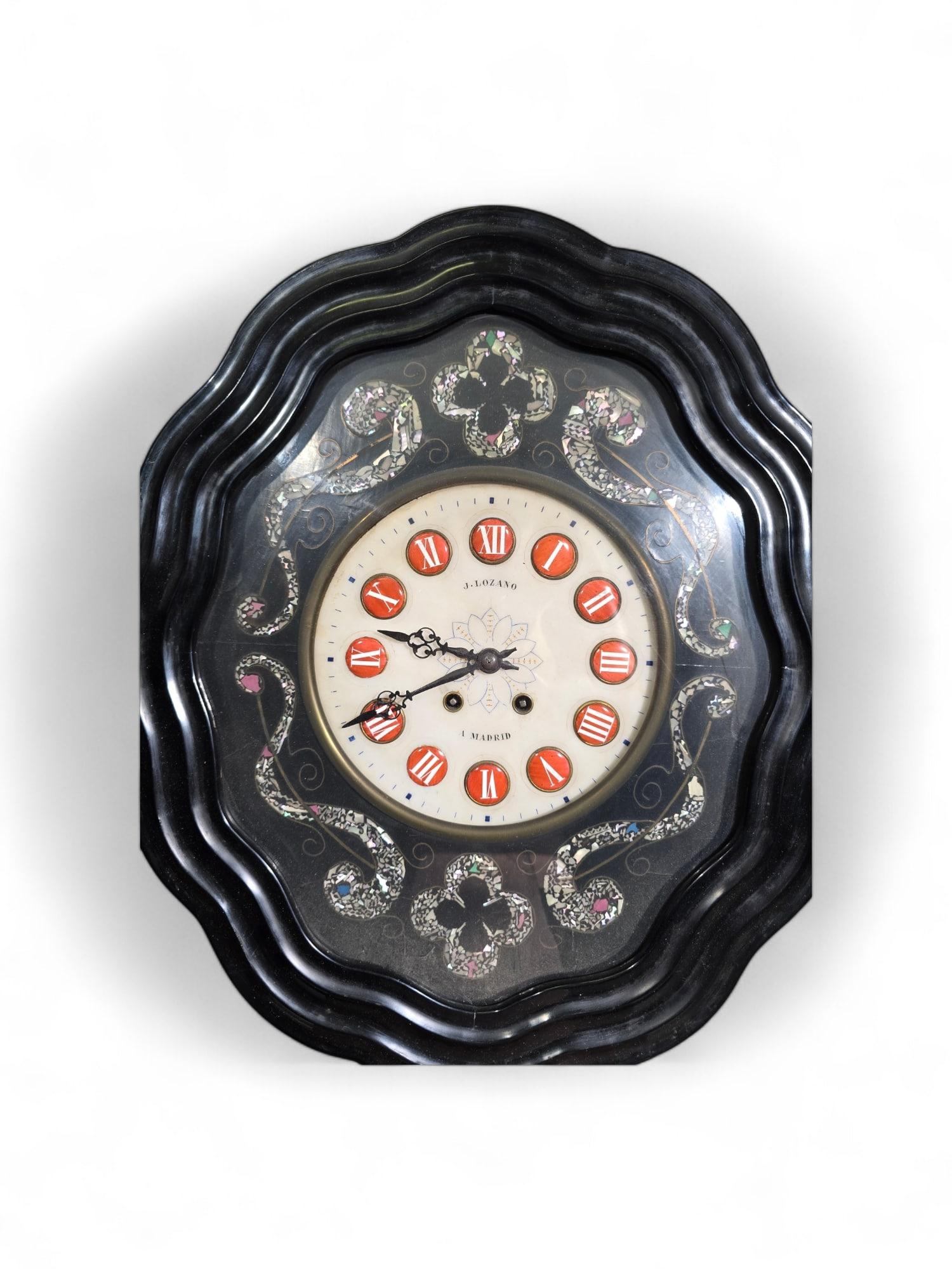 Wanduhr aus dem 19. Jahrhundert von J. Lozano, Madrid - Ebonisiertes Holz mit Perlmutt im Angebot 10