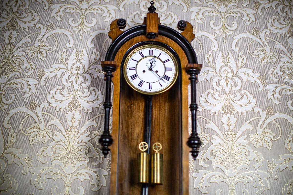 19th Century Wall Clock in Wooden Case with Interesting Frame In Good Condition In Opole, PL