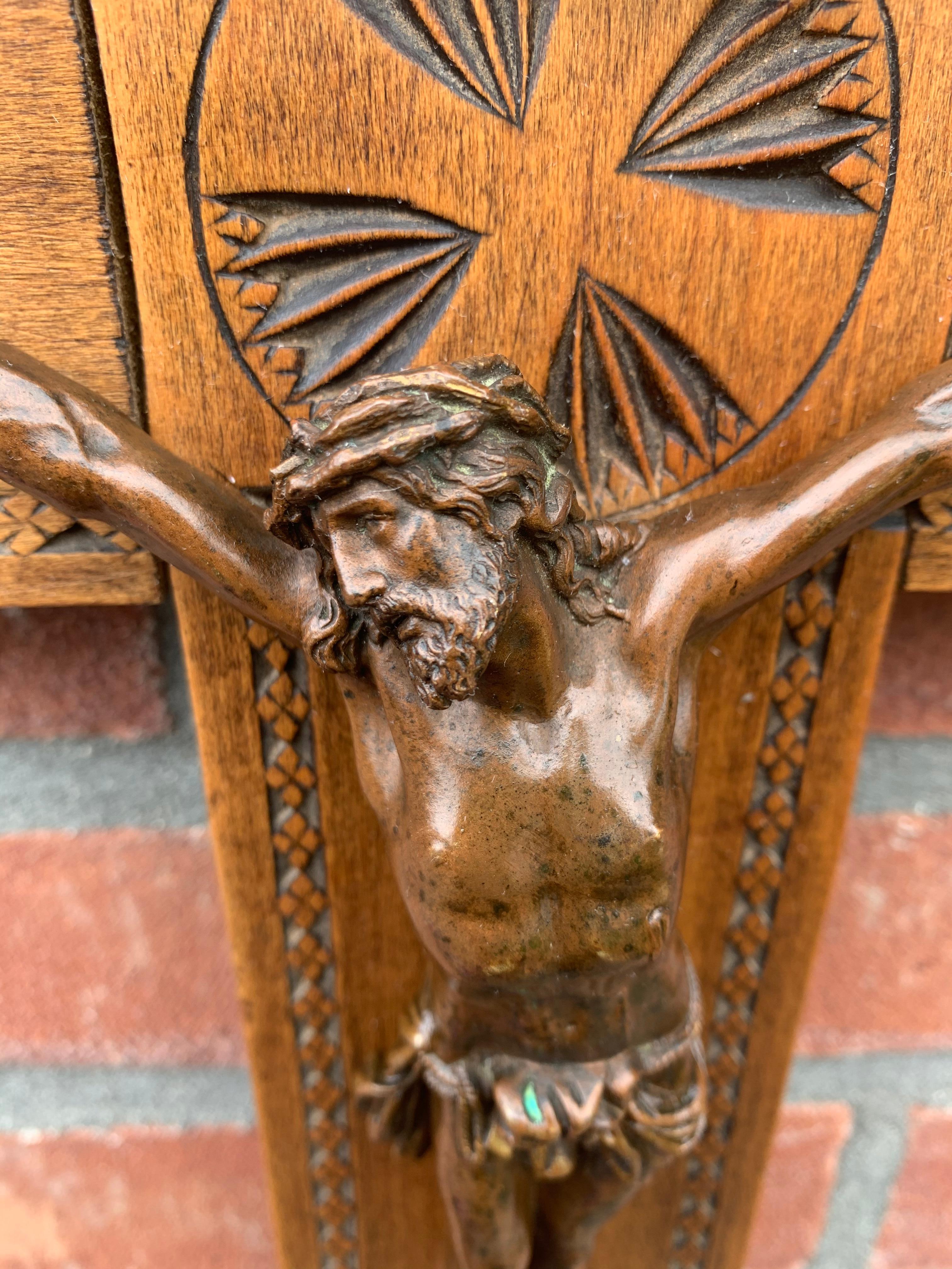 Antique Wall Crucifix, Finest Quality Bronze Corpus Mounted on a Carved Cross 3