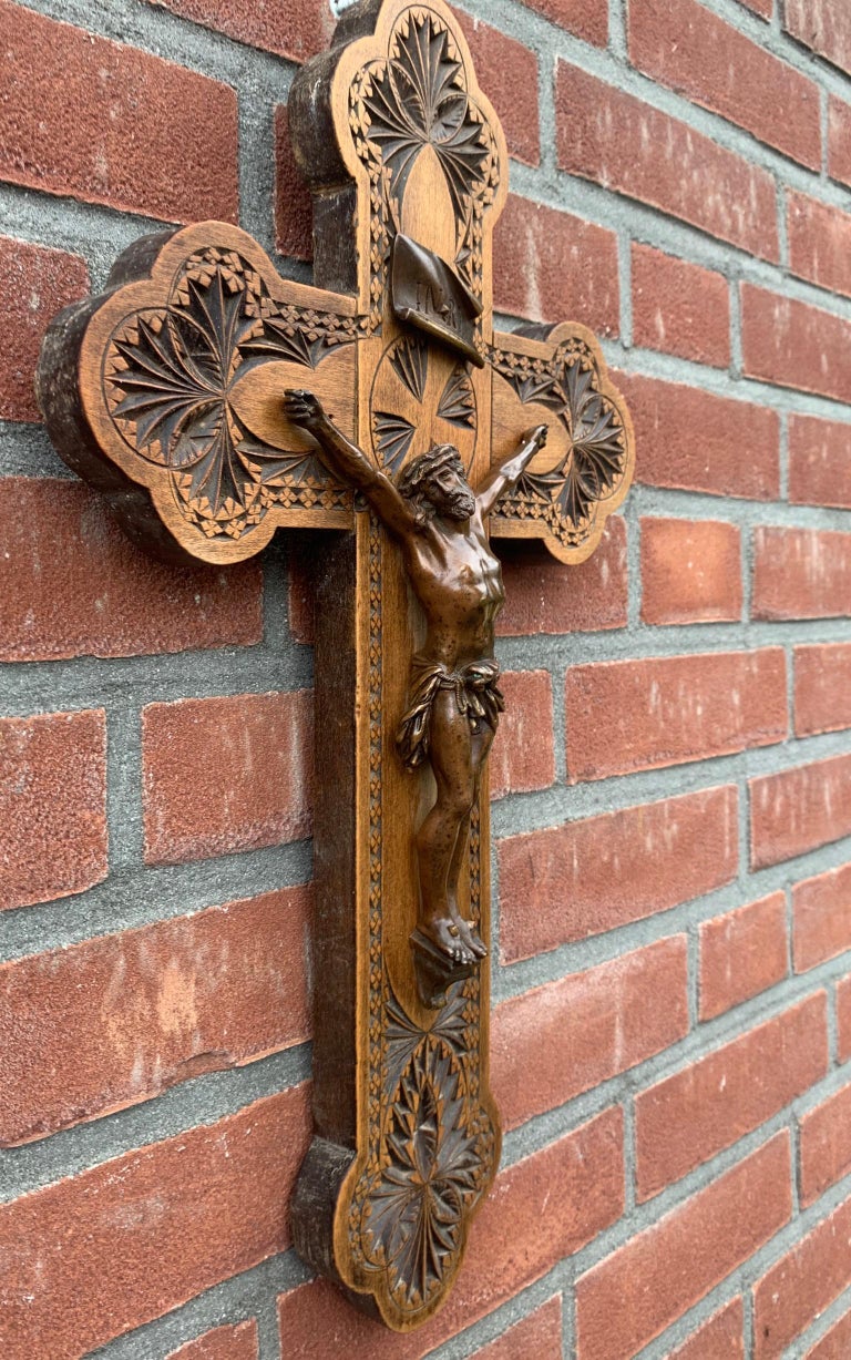 Antique Wall Crucifix, Finest Quality Bronze Corpus Mounted on a Carved