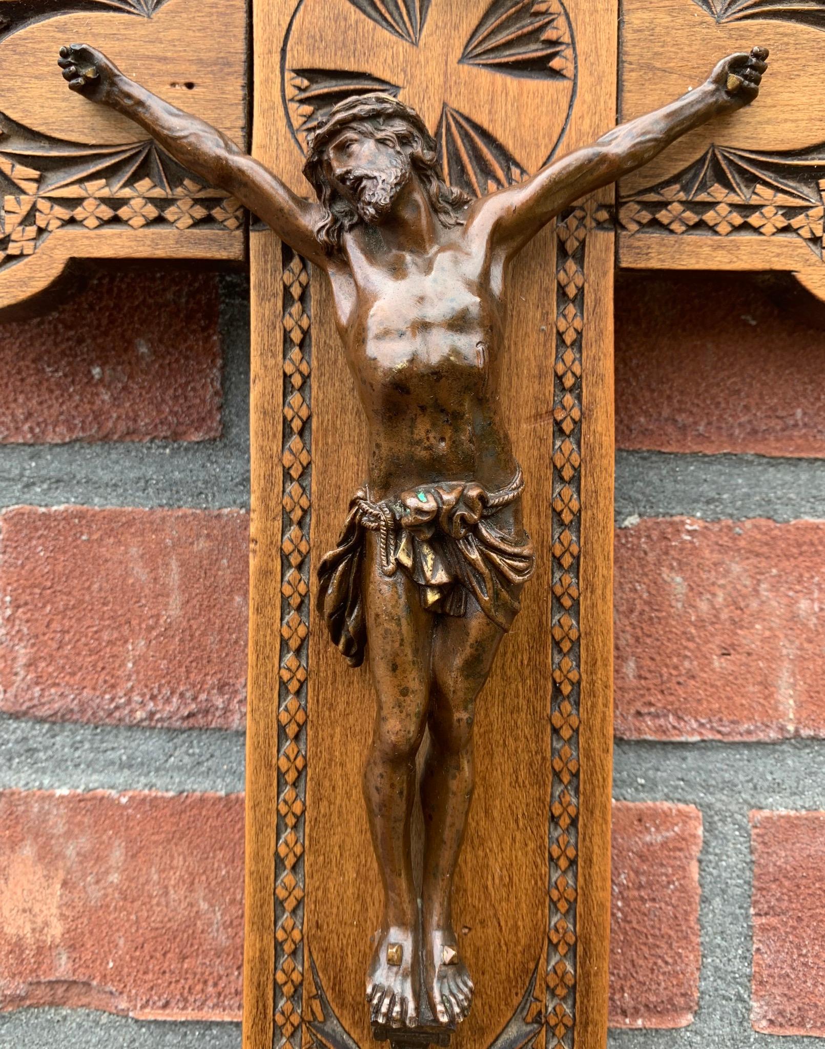 Antique Wall Crucifix, Finest Quality Bronze Corpus Mounted on a Carved Cross 9