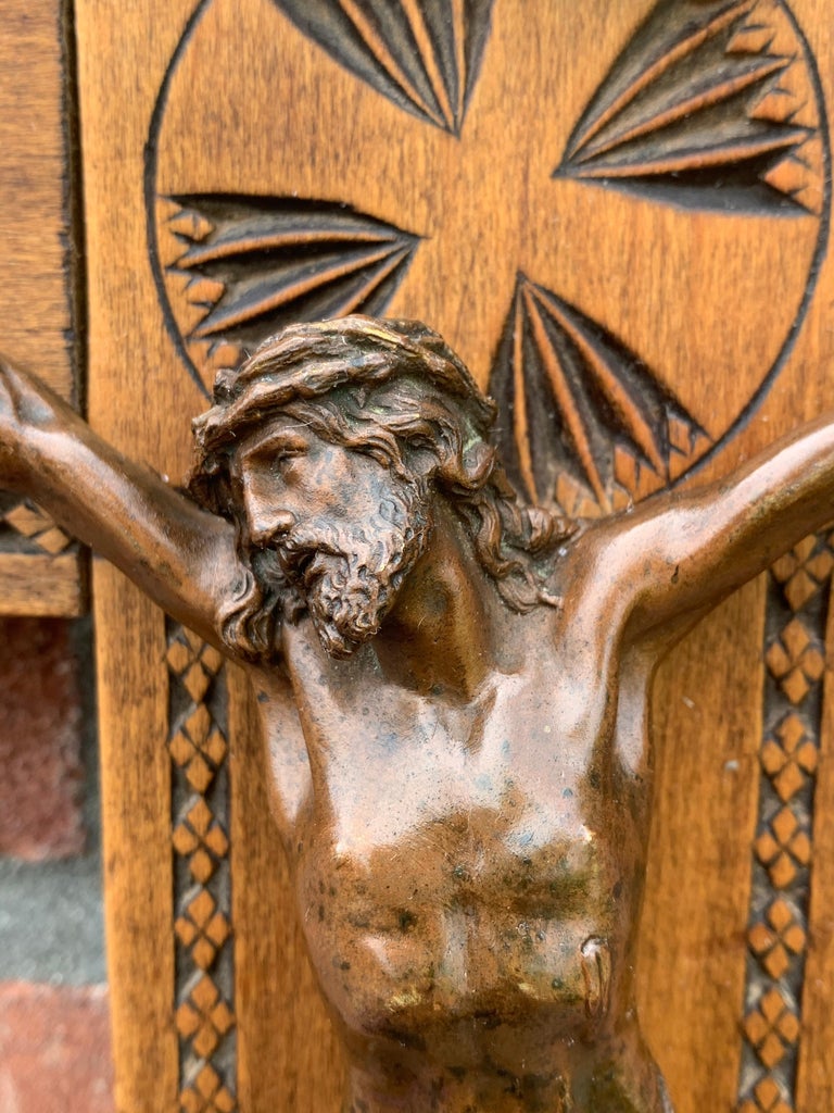 Gothic Antique Wall Crucifix, Finest Quality Bronze Corpus Mounted on a Carved Cross For Sale
