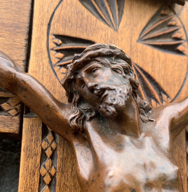 Antique Wall Crucifix, Finest Quality Bronze Corpus Mounted on a Carved