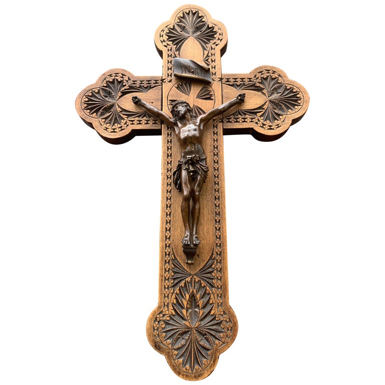 Antique Wall Crucifix, Finest Quality Bronze Corpus Mounted on a Carved Cross For Sale