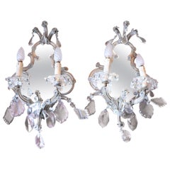 Antique 19th Century Wall Mirror and Crystal Drops Pair of Wall Lights or Sconces