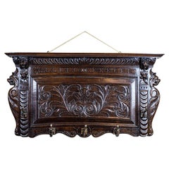 Antique 19th Century Wall-Mounted Oak Coat Rack in Dark Brown