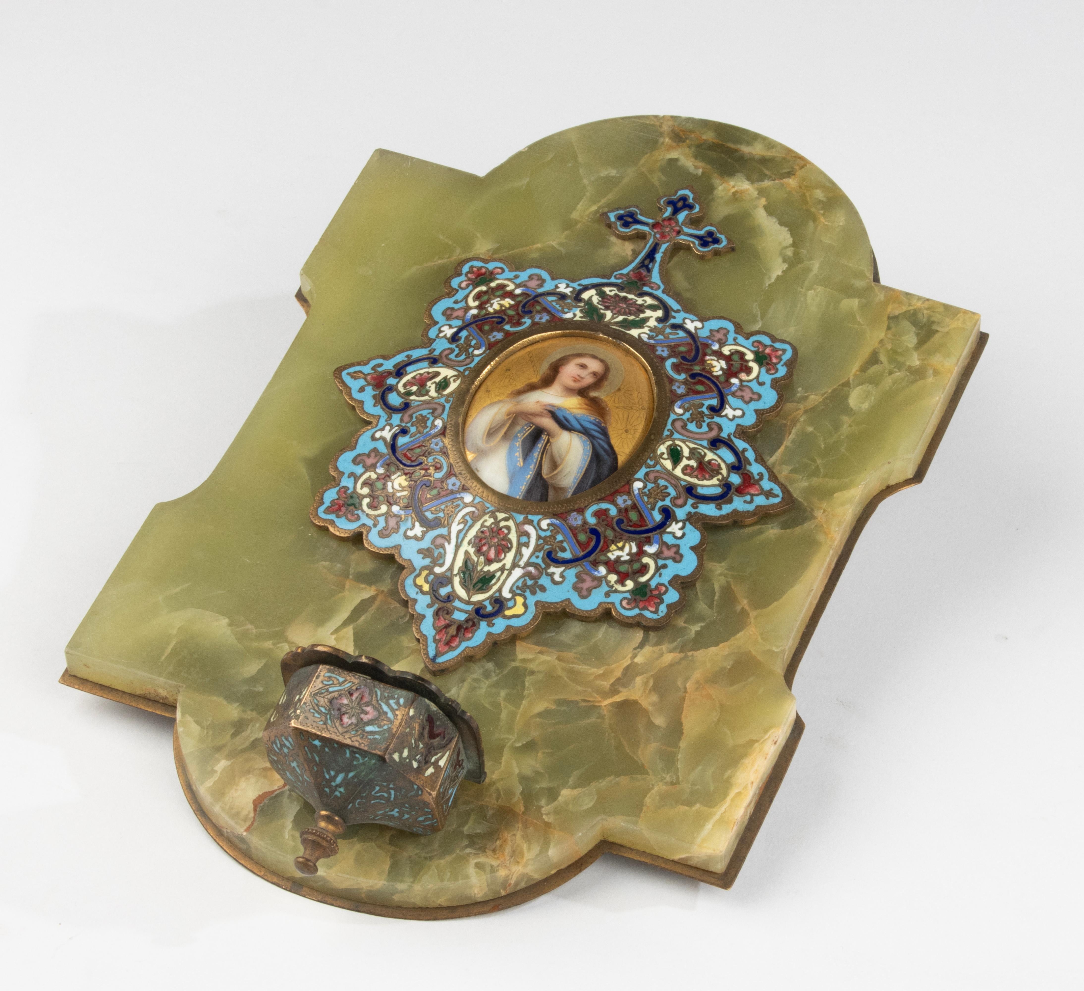 19th Century Wall Plate - Onyx Porcelain and Bronze Cloisonné - Holy Mary For Sale 4