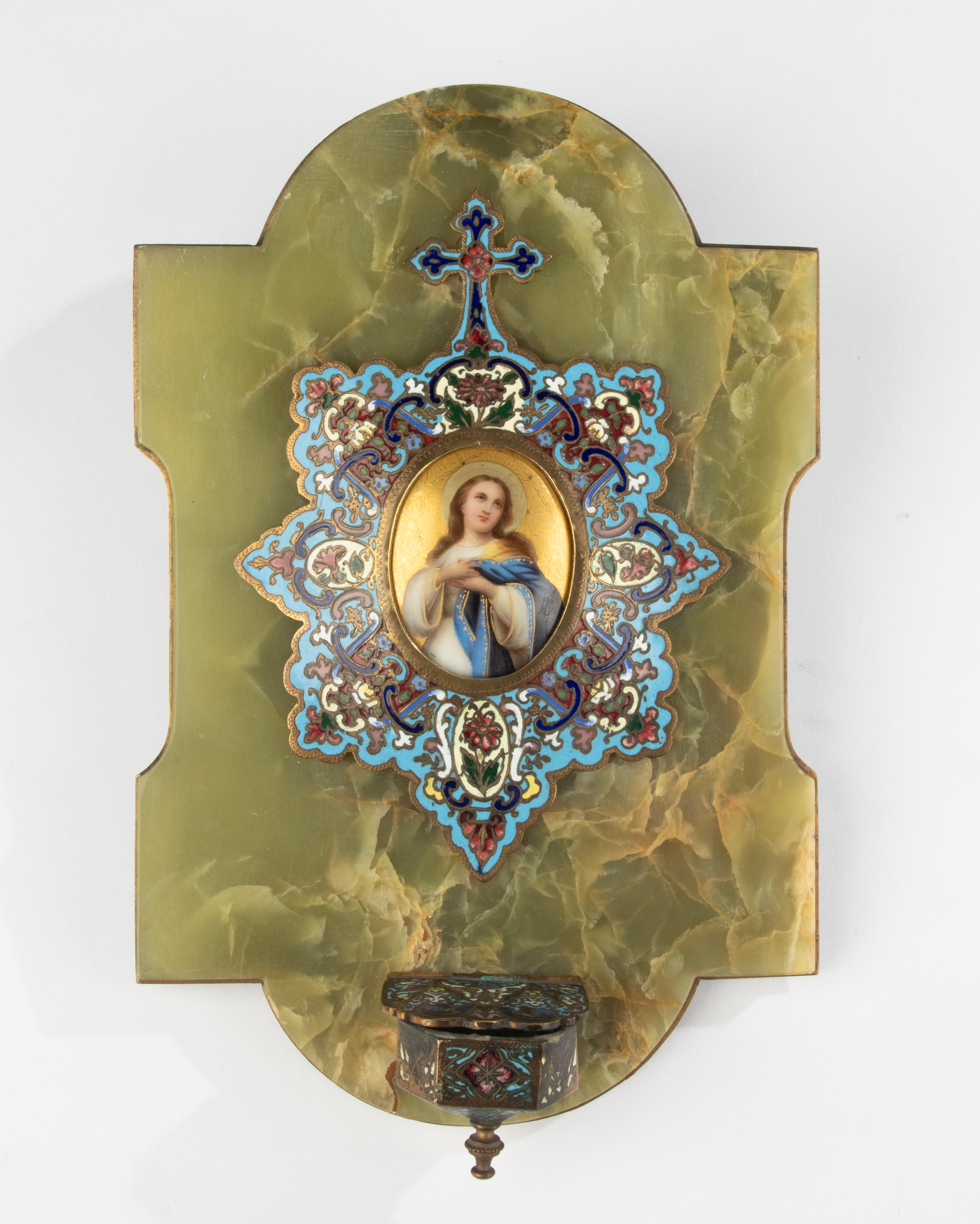 Napoleon III 19th Century Wall Plate - Onyx Porcelain and Bronze Cloisonné - Holy Mary For Sale