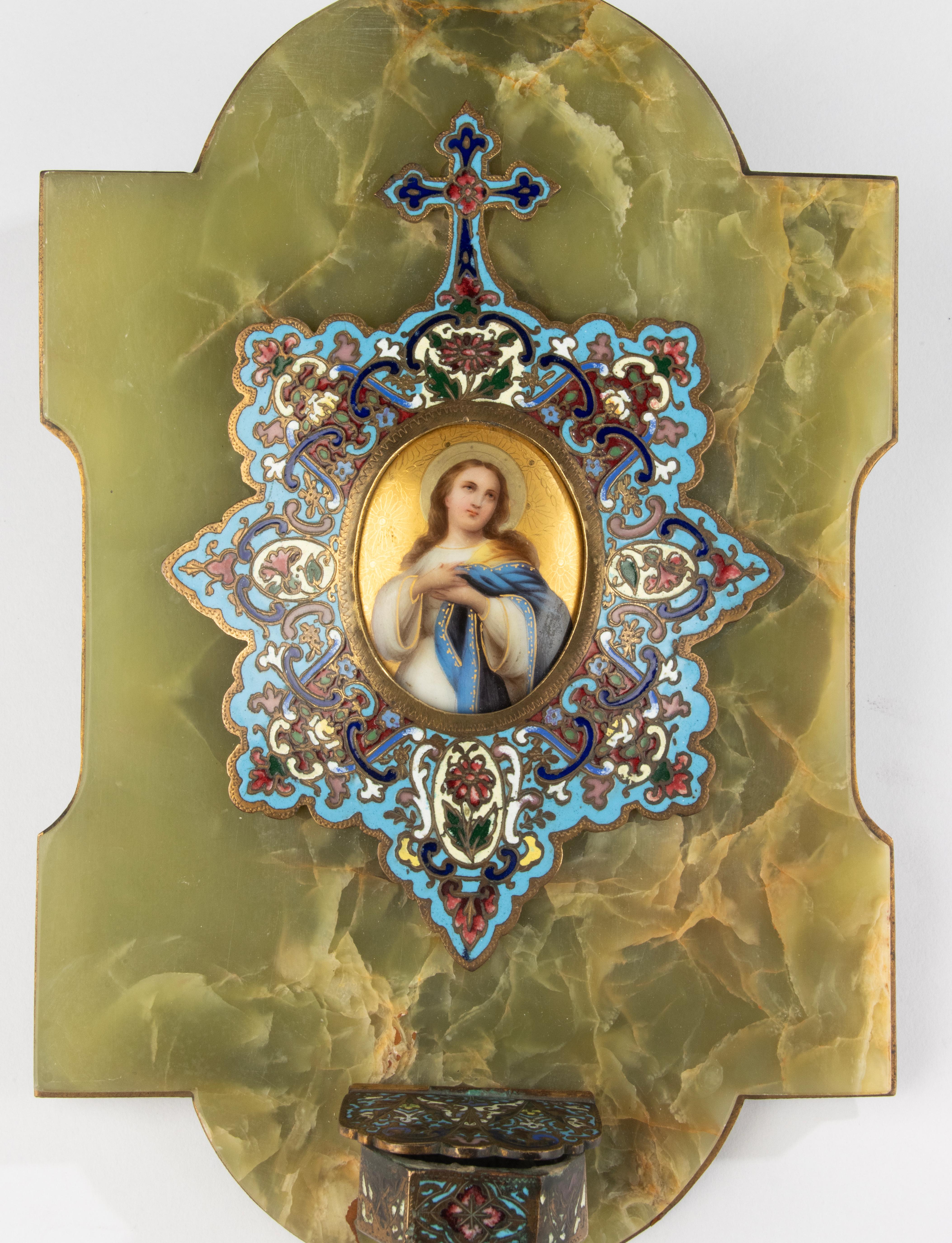 19th Century Wall Plate - Onyx Porcelain and Bronze Cloisonné - Holy Mary In Good Condition For Sale In Casteren, Noord-Brabant