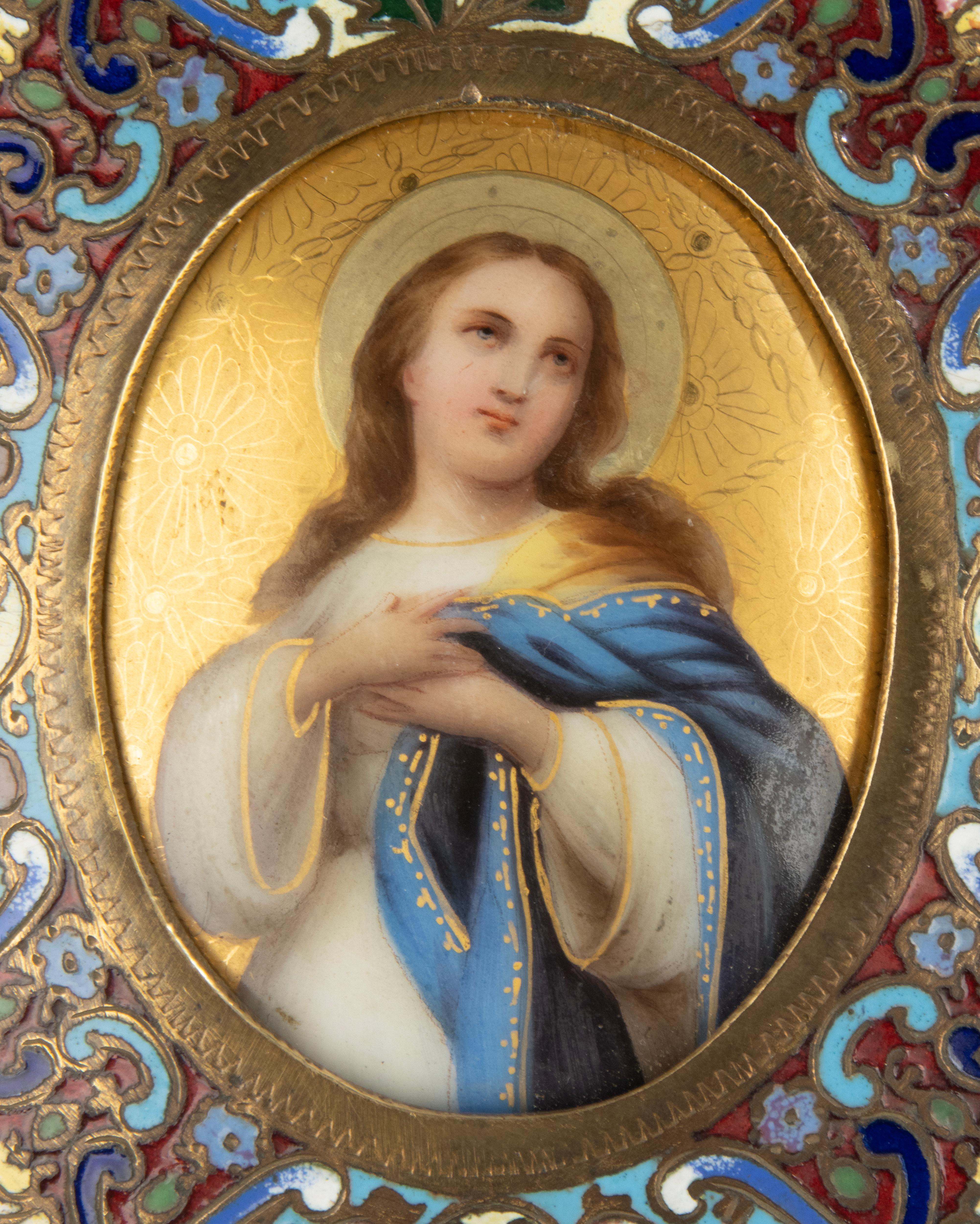 Brass 19th Century Wall Plate - Onyx Porcelain and Bronze Cloisonné - Holy Mary For Sale