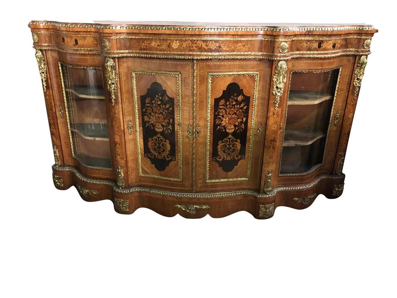 French 19th Century Walnut and Floral Marquetry Credenza For Sale