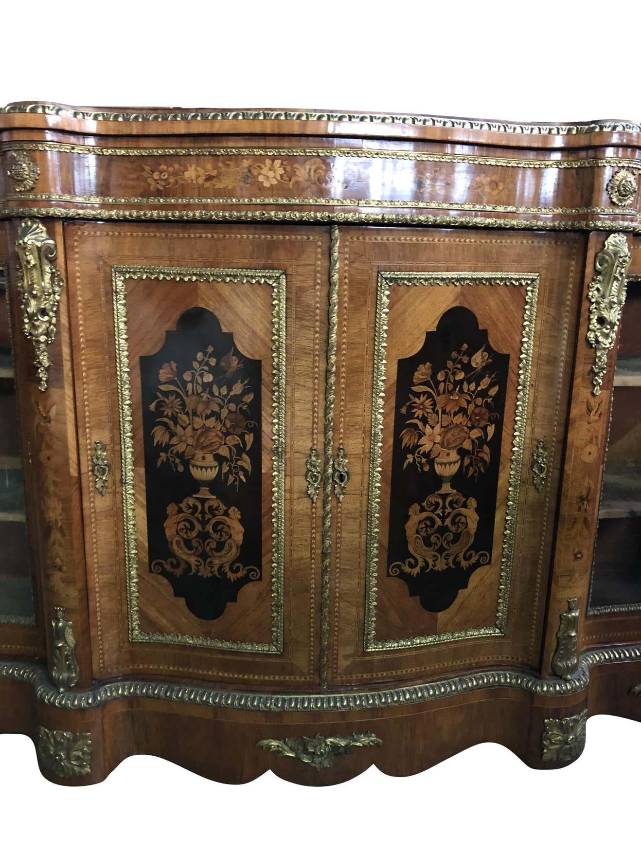 Inlay 19th Century Walnut and Floral Marquetry Credenza For Sale