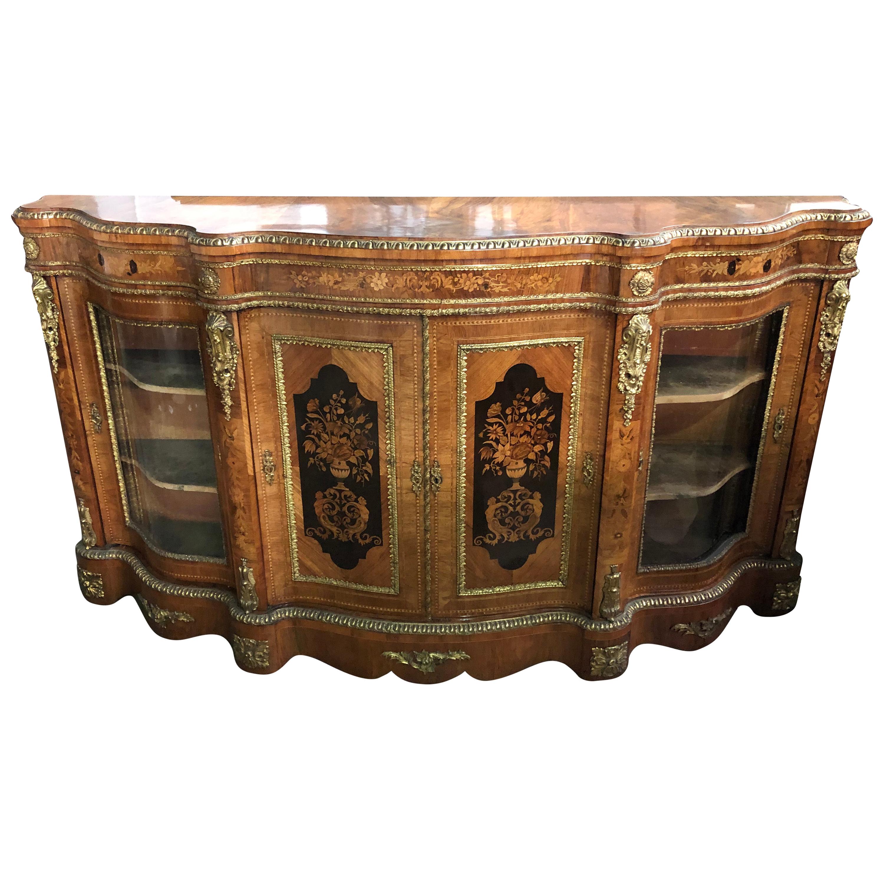19th Century Walnut and Floral Marquetry Credenza For Sale