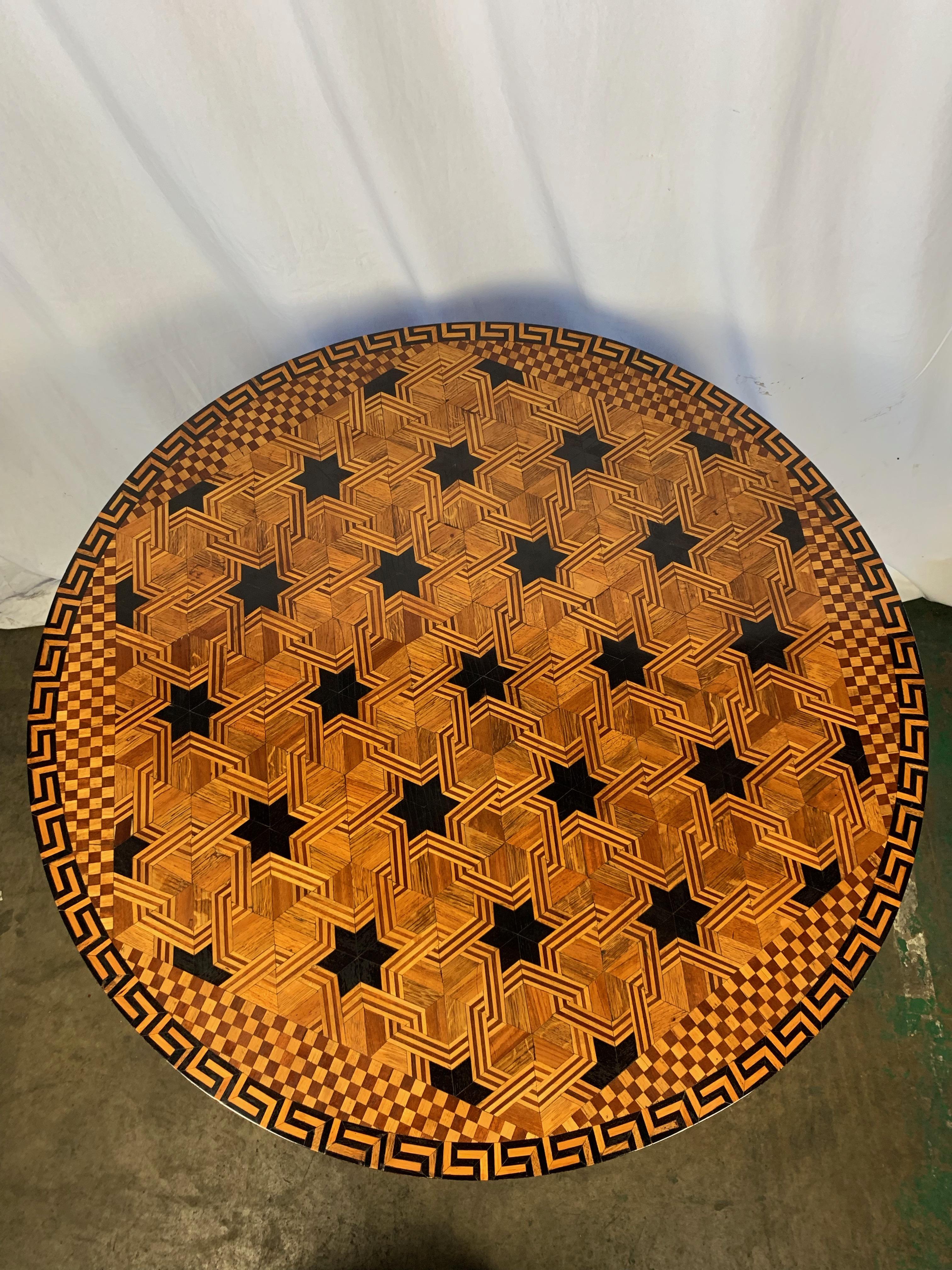 A fine Walnut and Parquetry inlaid William IV Style centre table. Late 19th century. The circular top inlaid with geometric motifs incorporating Ebonised stars. With faceted column and quatre form base terminating in Ebonised paw feet.