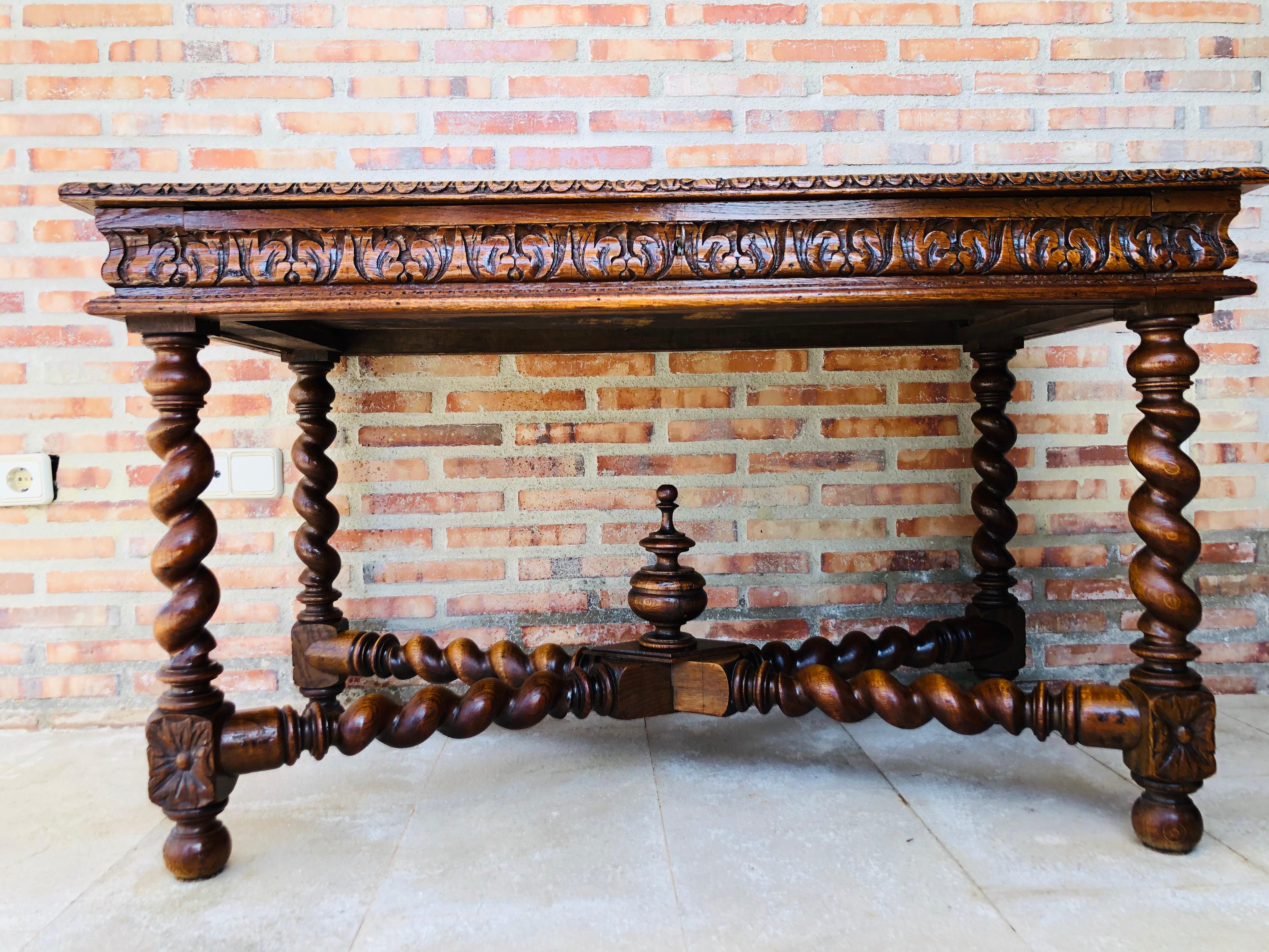 Baroque 19th Century Walnut and Wrought Iron Desk with Three Drawers with Turning Legs