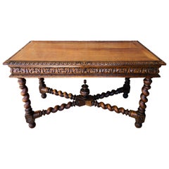 19th Century Walnut and Wrought Iron Desk with Three Drawers with Turning Legs