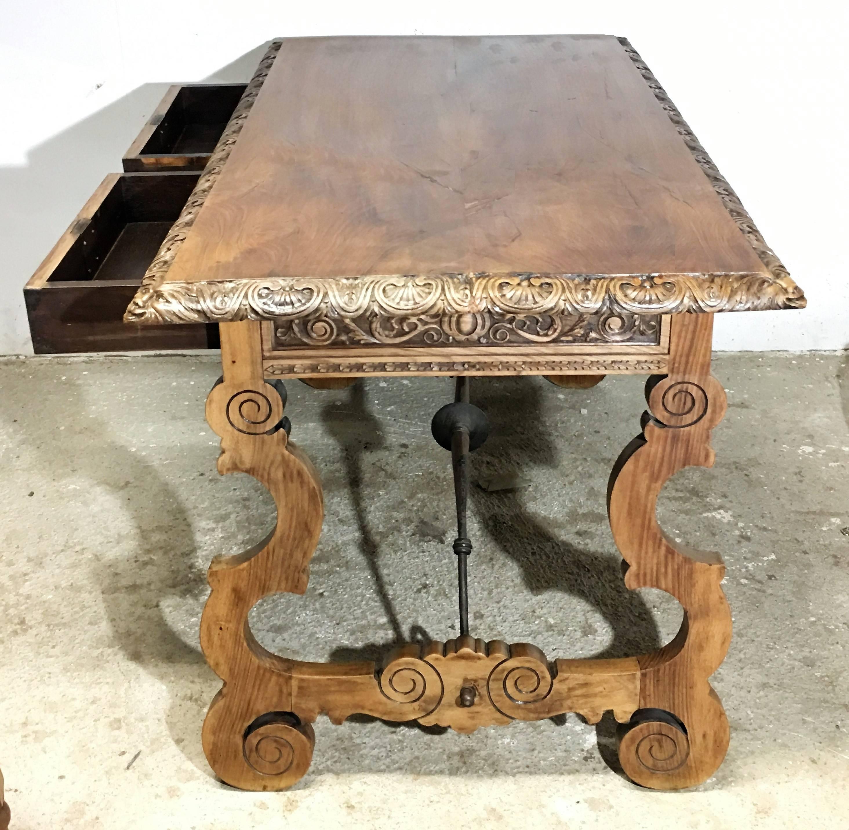 19th Century Walnut and Wrought Iron Desk with Two Drawers and Lyre Legs 3