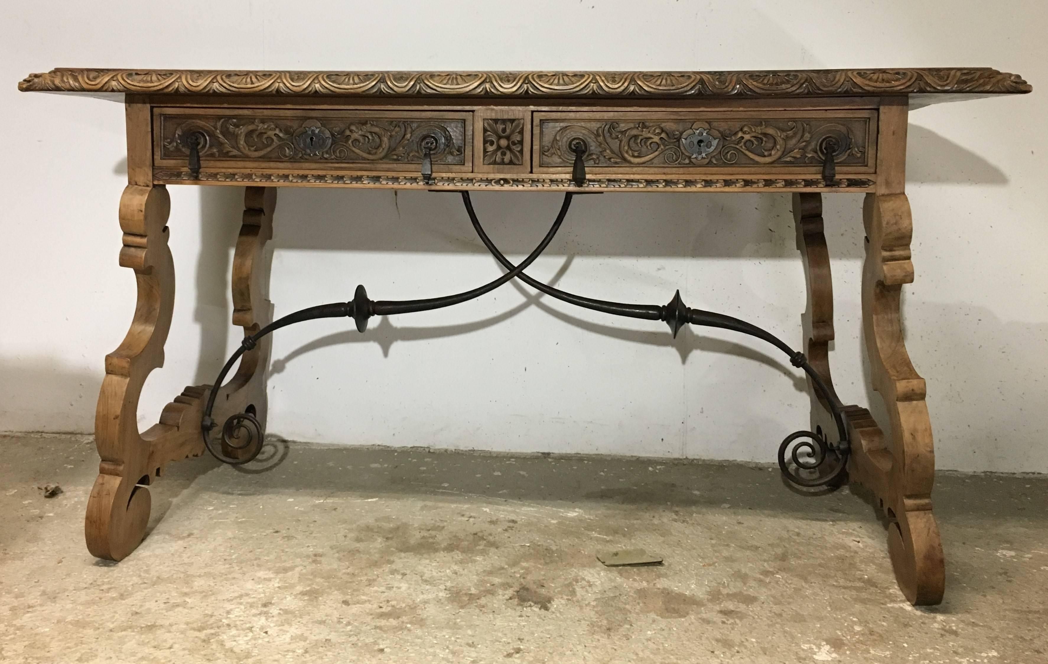 Baroque 19th Century Walnut and Wrought Iron Desk with Two Drawers and Lyre Legs