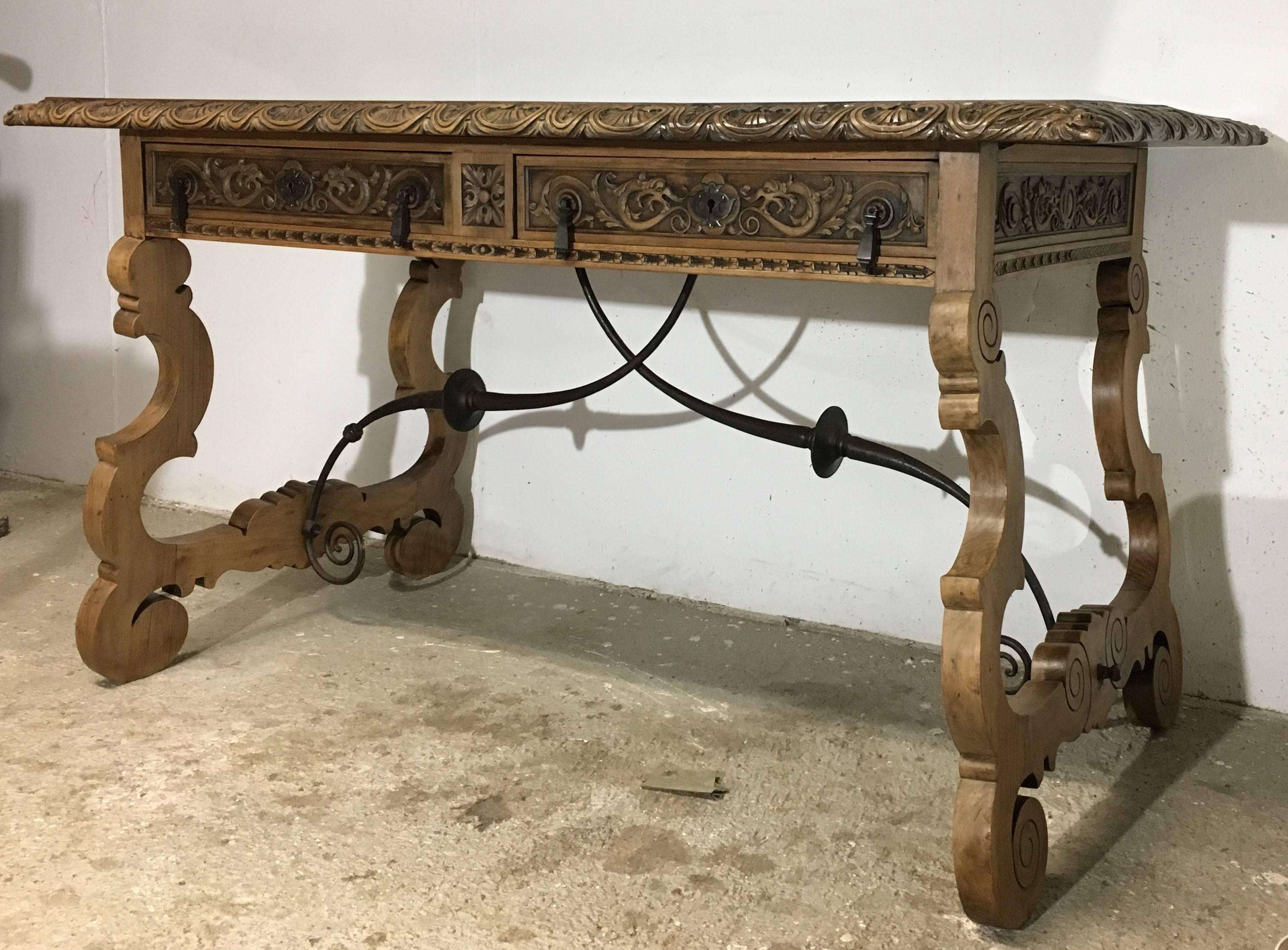 Spanish 19th Century Walnut and Wrought Iron Desk with Two Drawers and Lyre Legs
