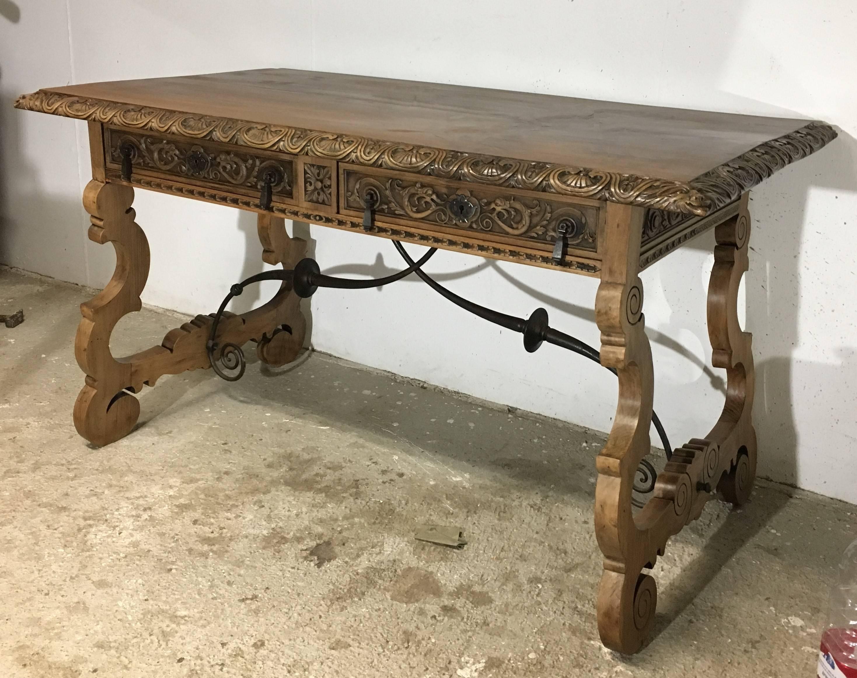 Hand-Carved 19th Century Walnut and Wrought Iron Desk with Two Drawers and Lyre Legs