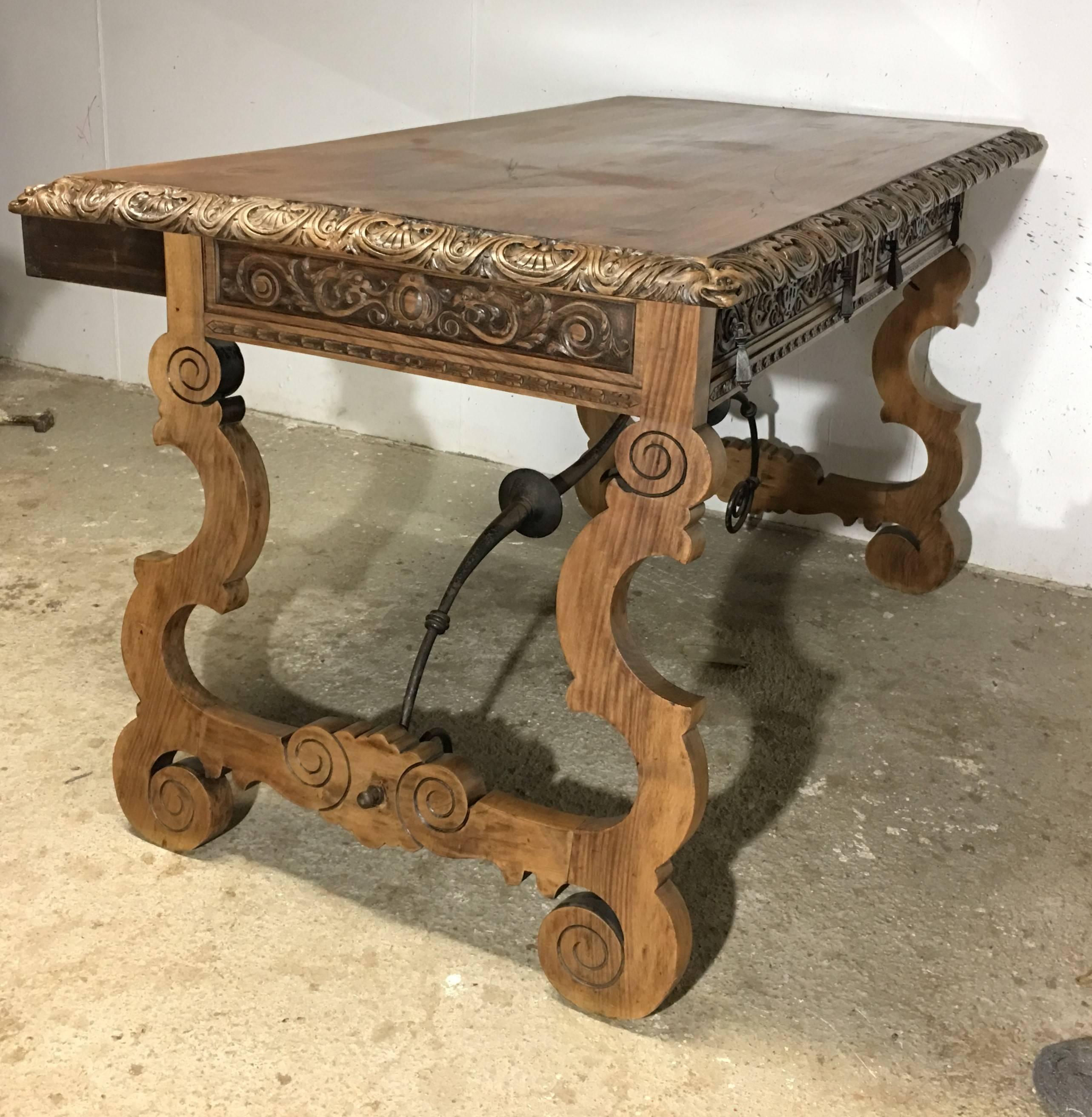 19th Century Walnut and Wrought Iron Desk with Two Drawers and Lyre Legs In Excellent Condition In Miami, FL