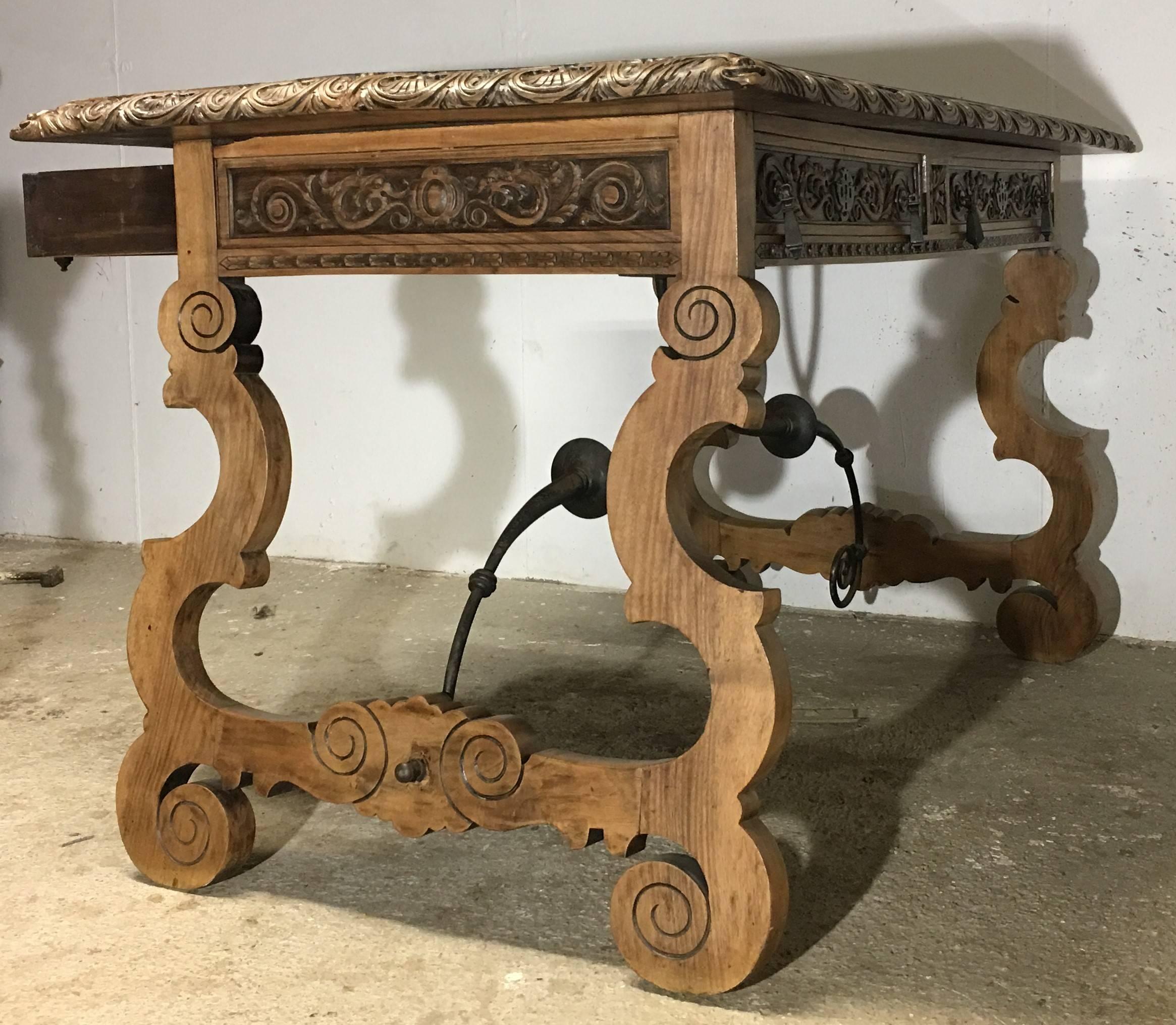 Late 19th Century 19th Century Walnut and Wrought Iron Desk with Two Drawers and Lyre Legs