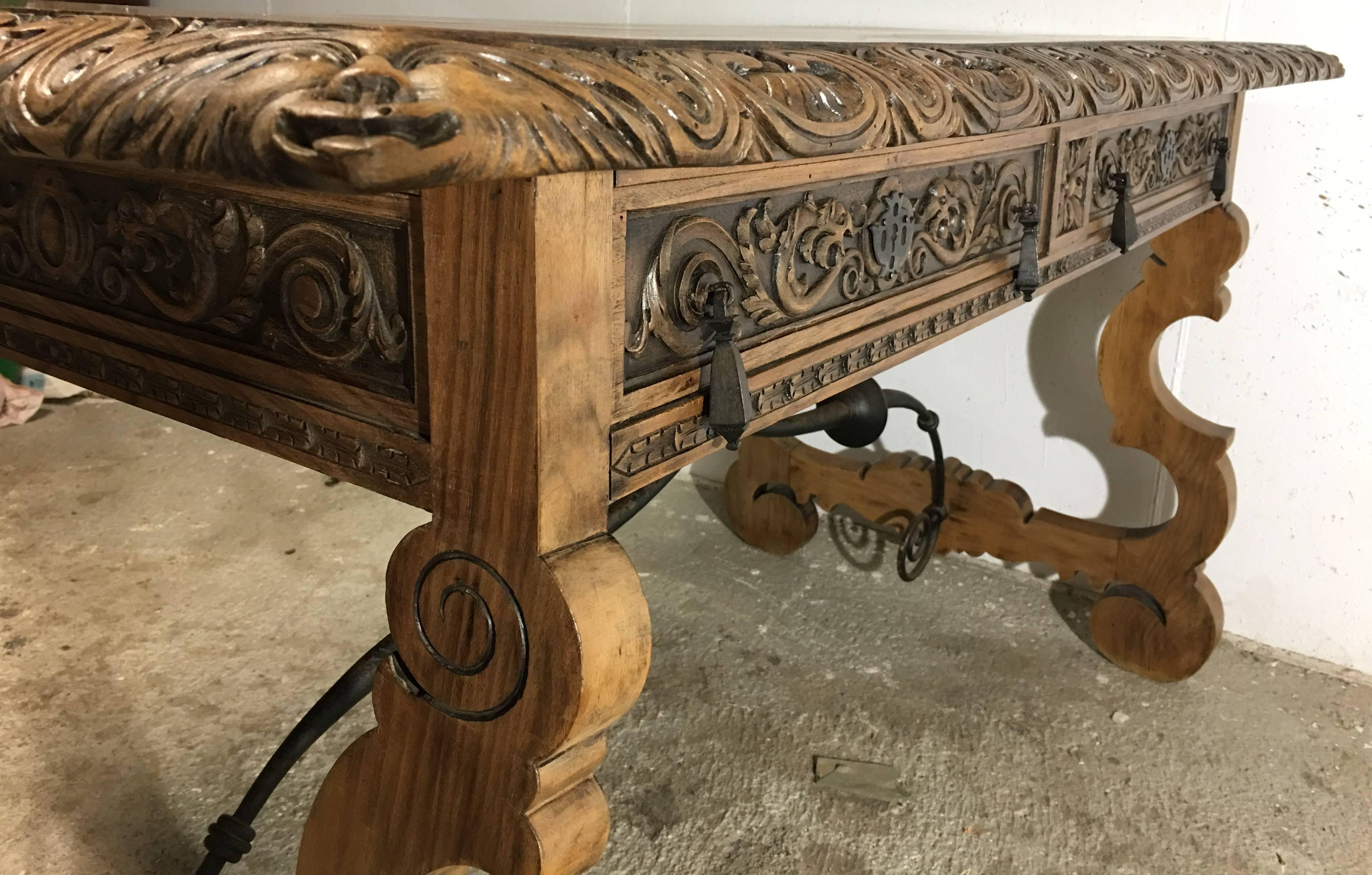 19th Century Walnut and Wrought Iron Desk with Two Drawers and Lyre Legs 1