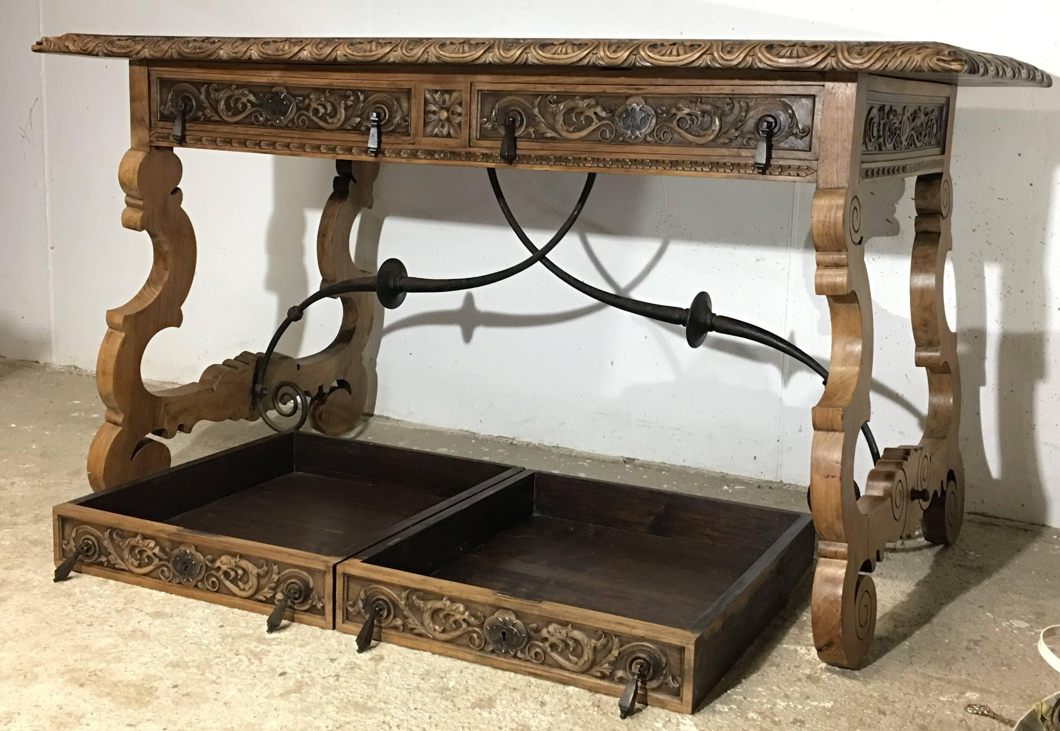 19th Century Walnut and Wrought Iron Desk with Two Drawers and Lyre Legs 2