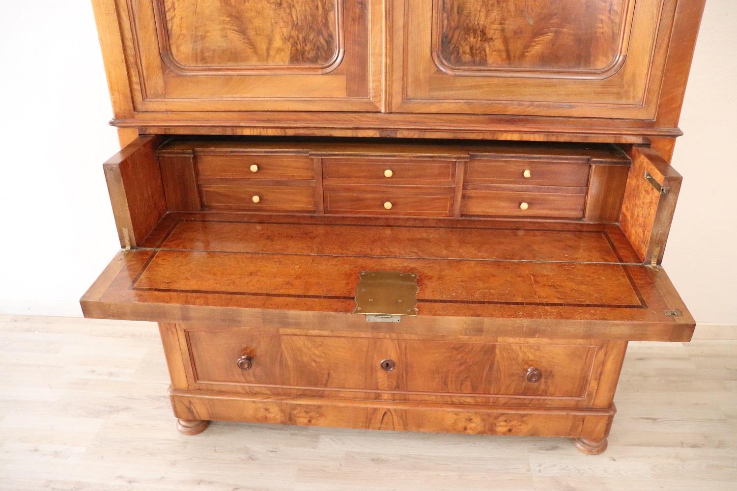 Mid-19th Century 19th Century Walnut Antique Wardrobe with Writing Desk and Secret Compartments