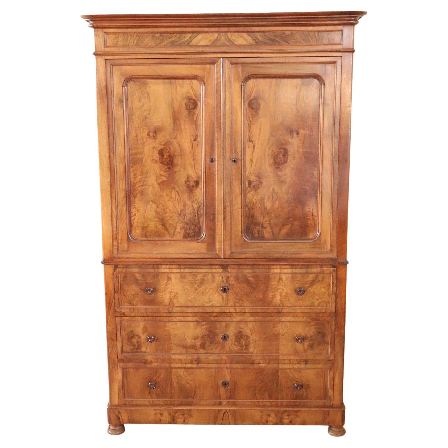 19th Century Walnut Antique Wardrobe with Writing Desk and Secret Compartments