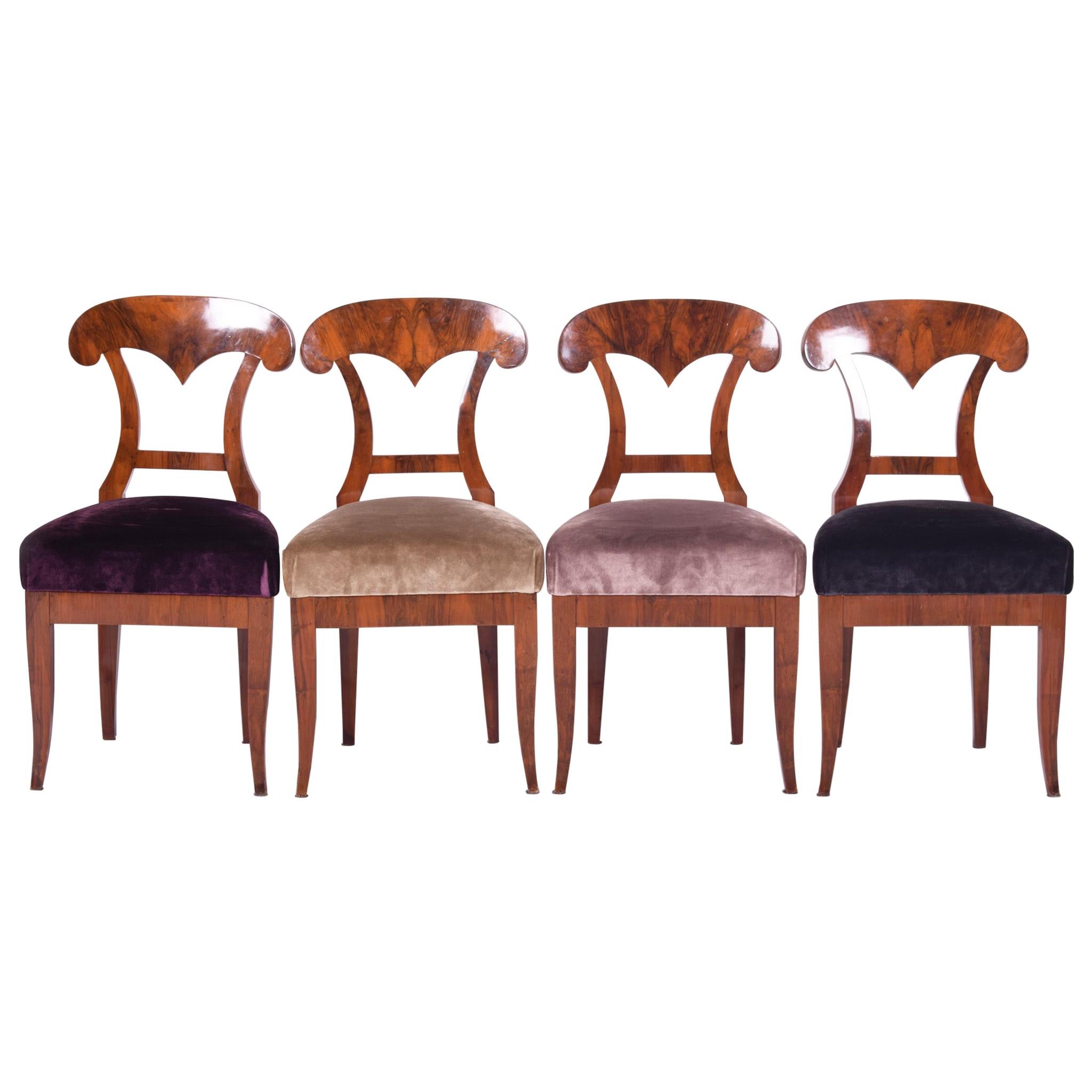 19th Century Walnut Austrian Biedermeier Chairs, 4 Pieces, 1830s, New Upholstery